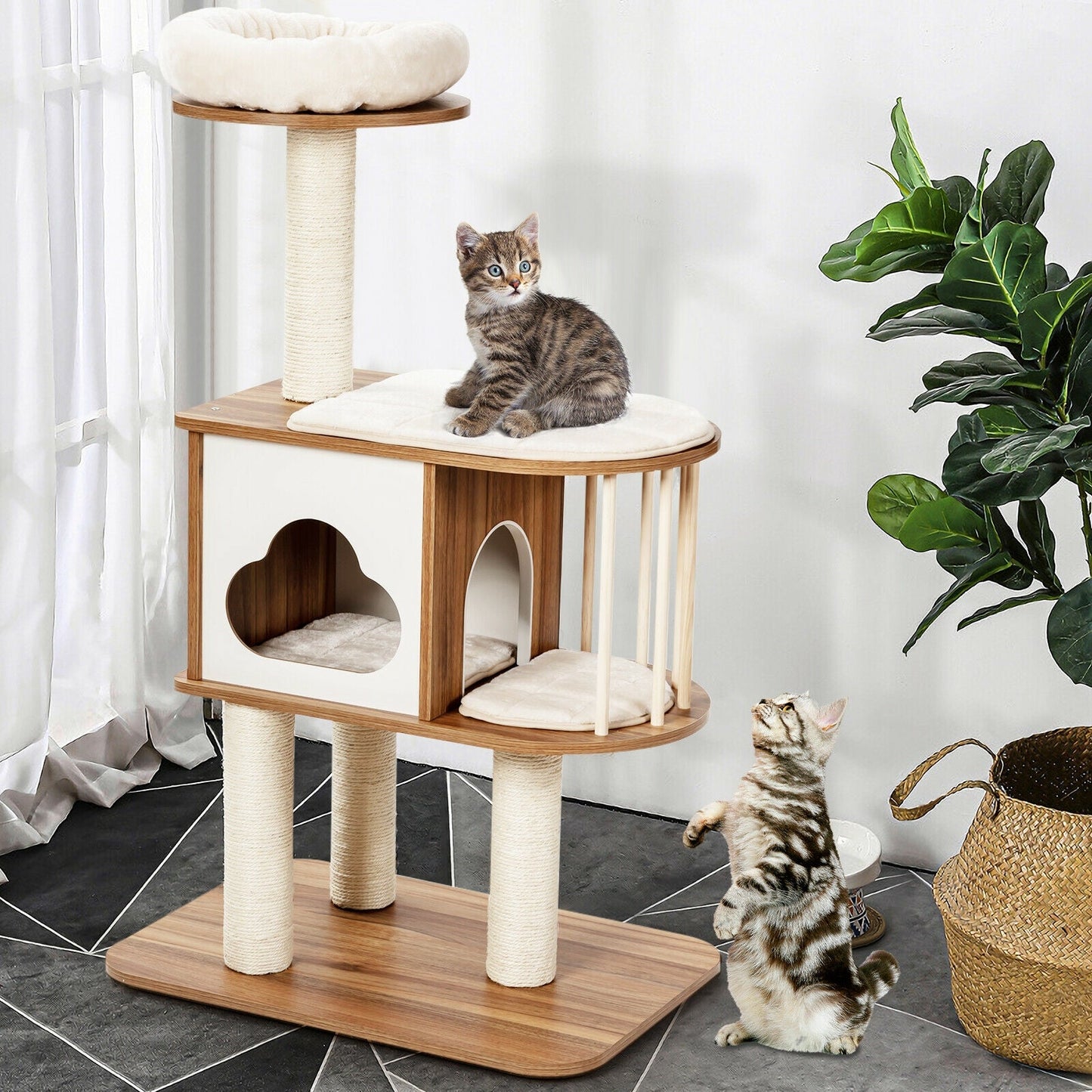 Árbol de Actividades para Gatos de Madera de 46 Pulgadas con Cojines - Marrón