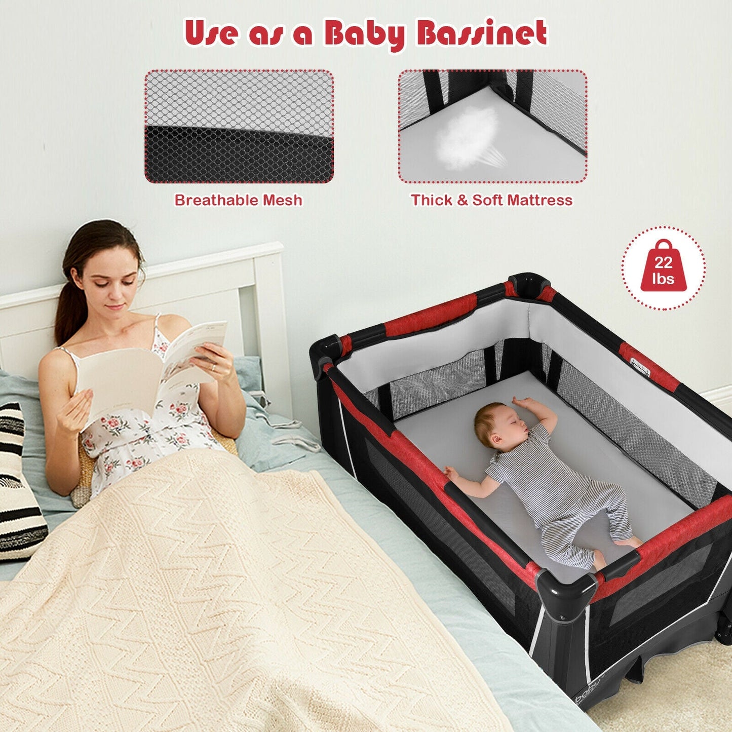 4-in-1 Convertible Portable Baby Play Yard with Toys & Music - Red