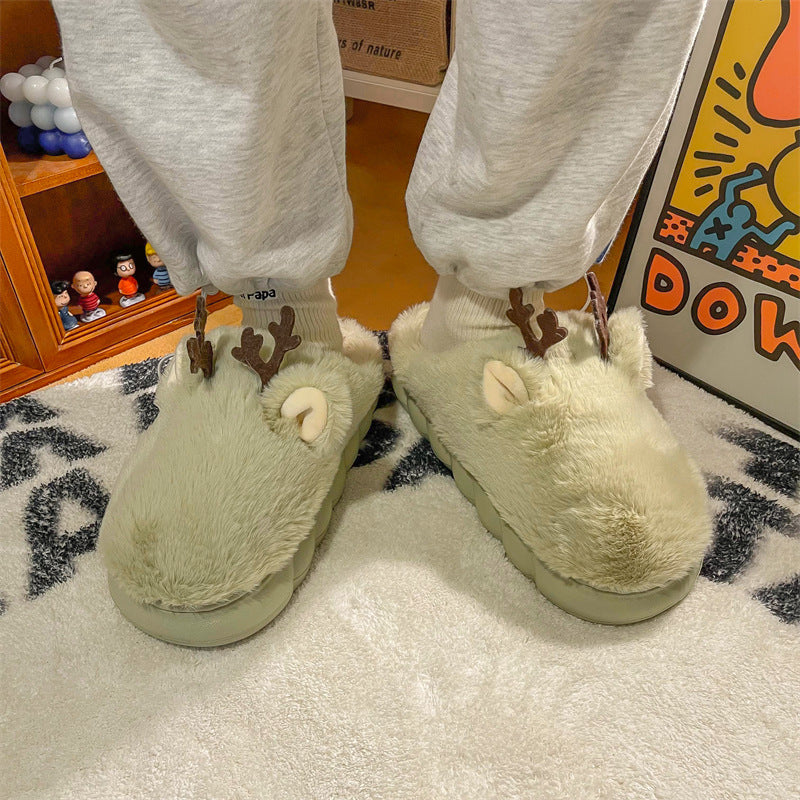 Cozy White Fuzzy Slippers with Antler Design for Women