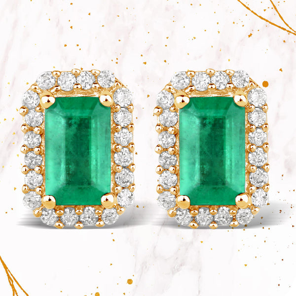 0.91 Carat Genuine Zambian Emerald and Diamond 14K Gold Earrings