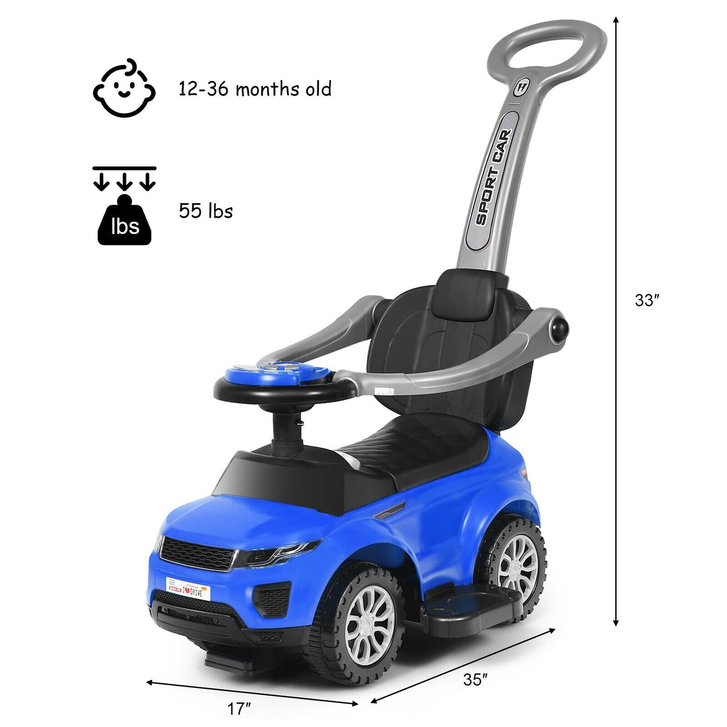 Poussette 3-en-1 pour Tout-Petit et Voiture à Pousser - Bleu
