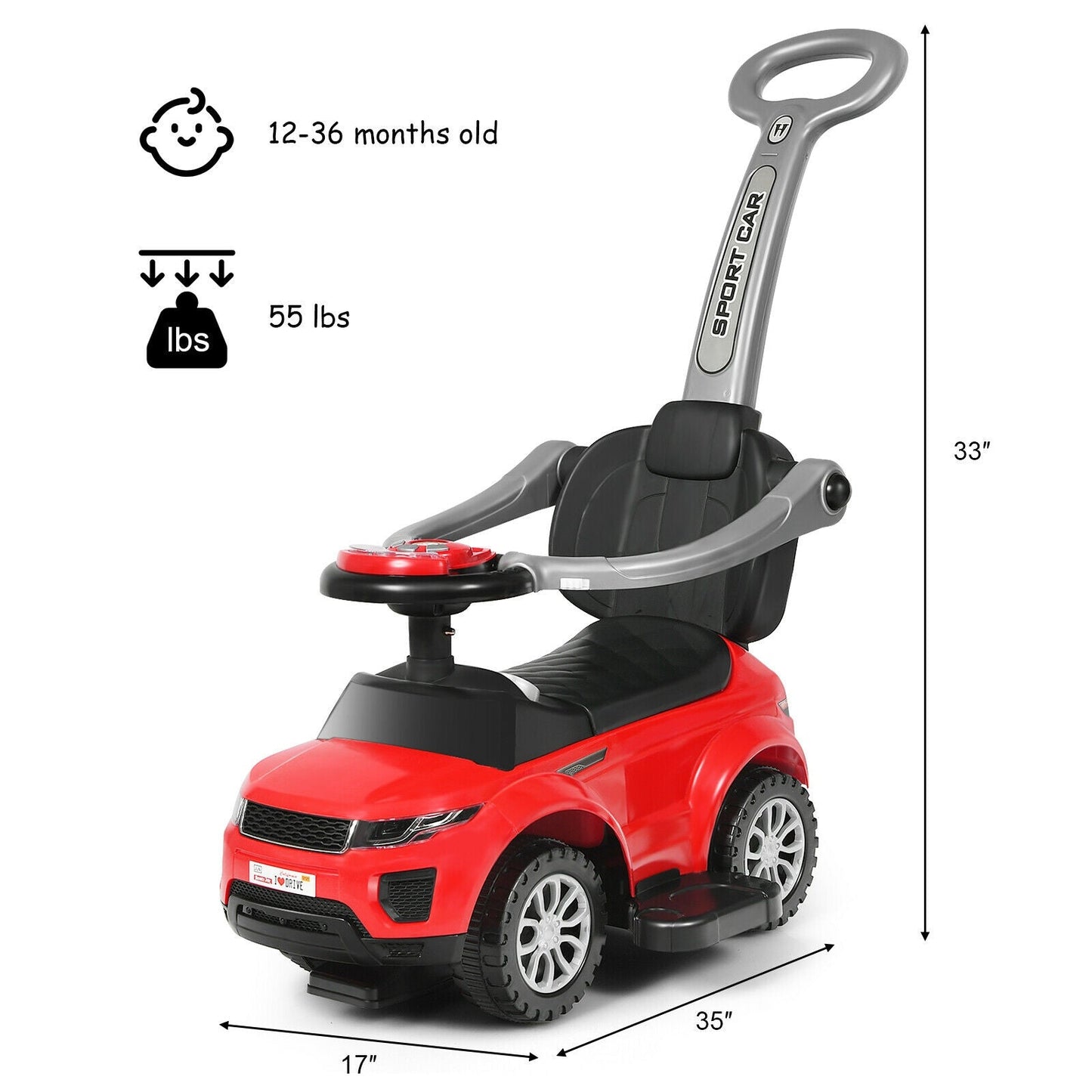 Poussette convertible 3-en-1 pour tout-petit et voiture à pousser - Rouge