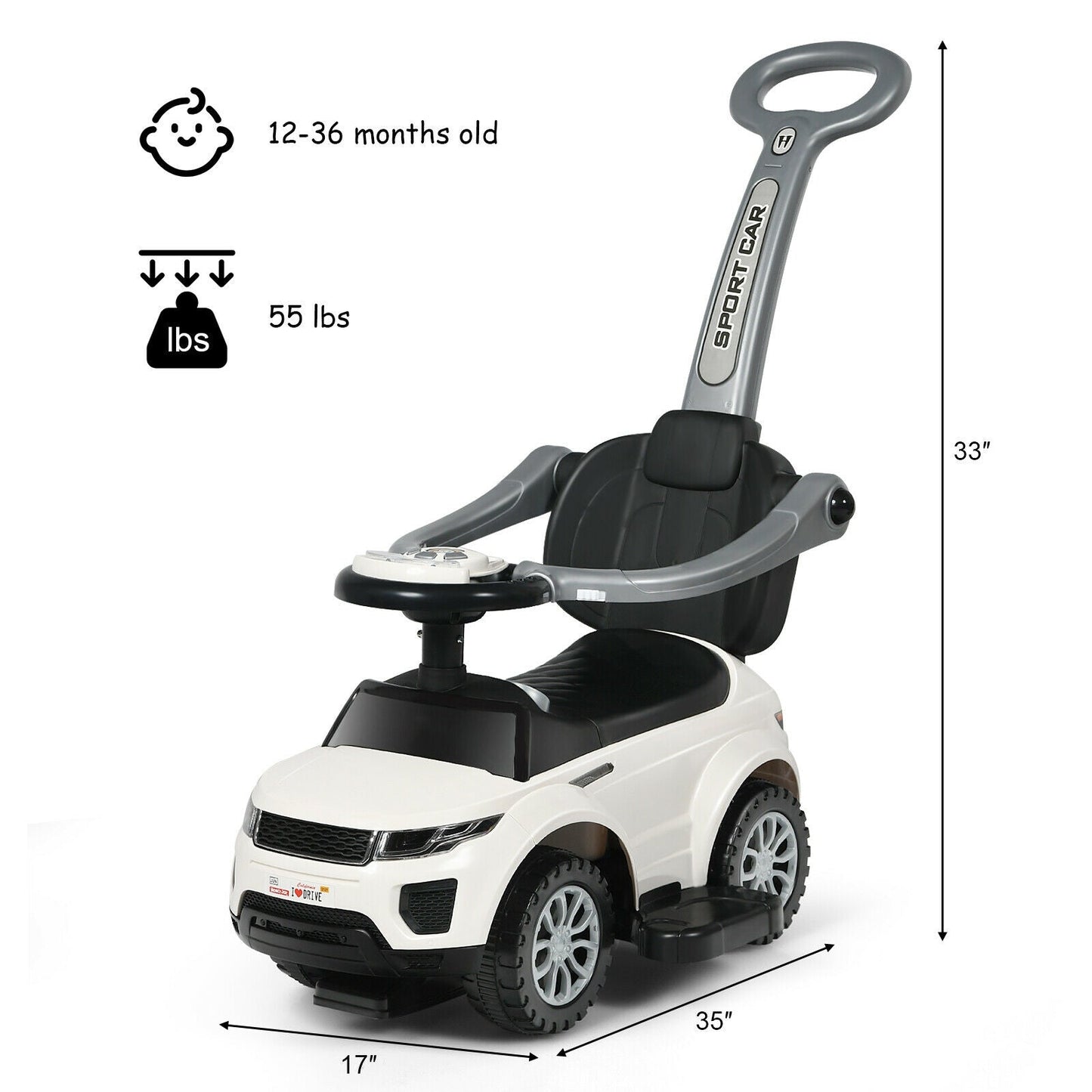 3-in-1 Convertible Toddler Stroller and Ride-On Car - White