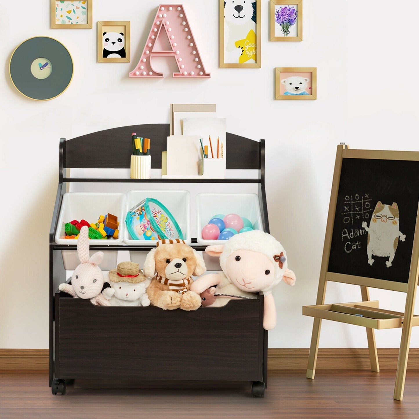 Unité de rangement en bois pour jouets pour enfants avec boîte à jouets roulante - Espresso