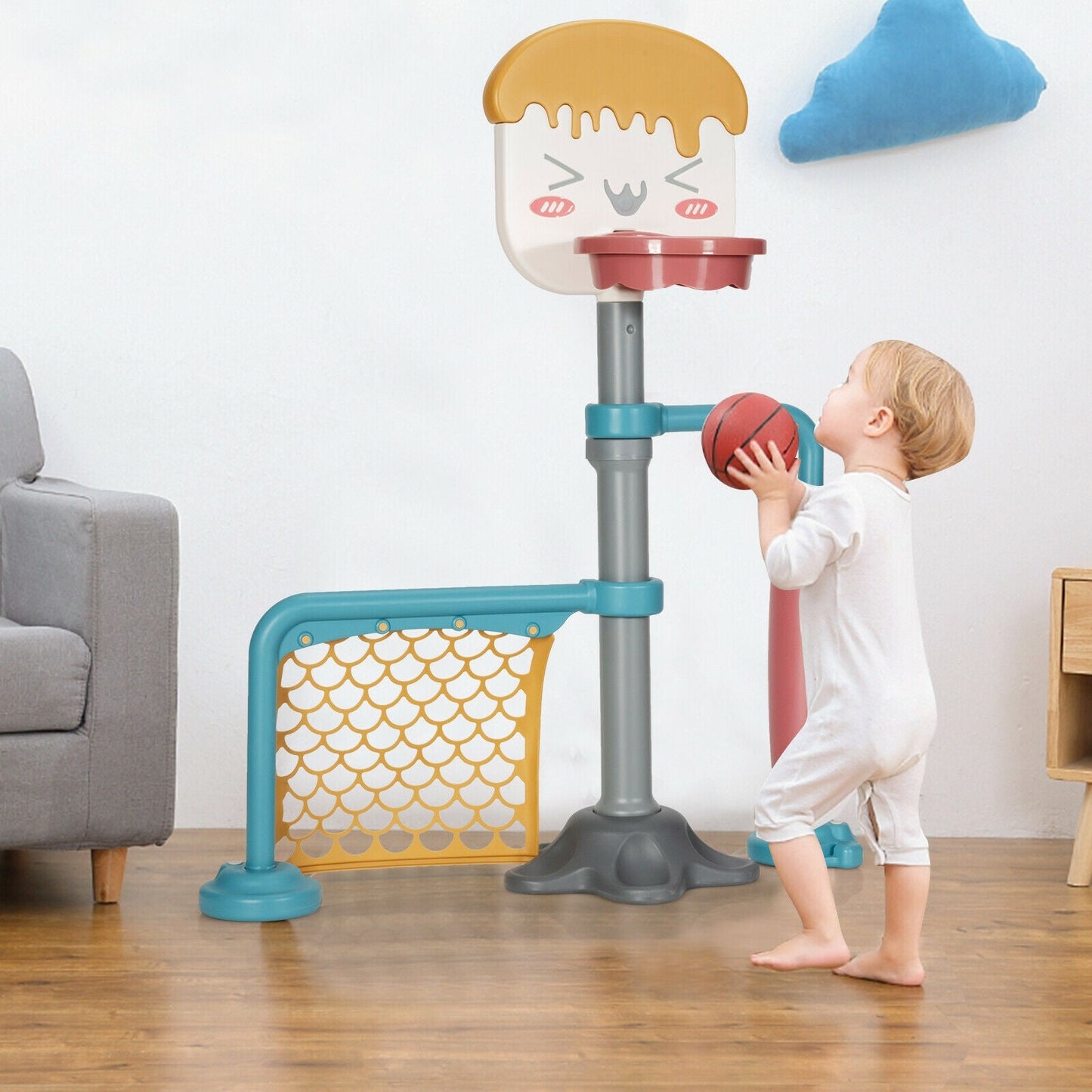 Ensemble de panier de basketball ajustable 3-en-1 avec but de soccer