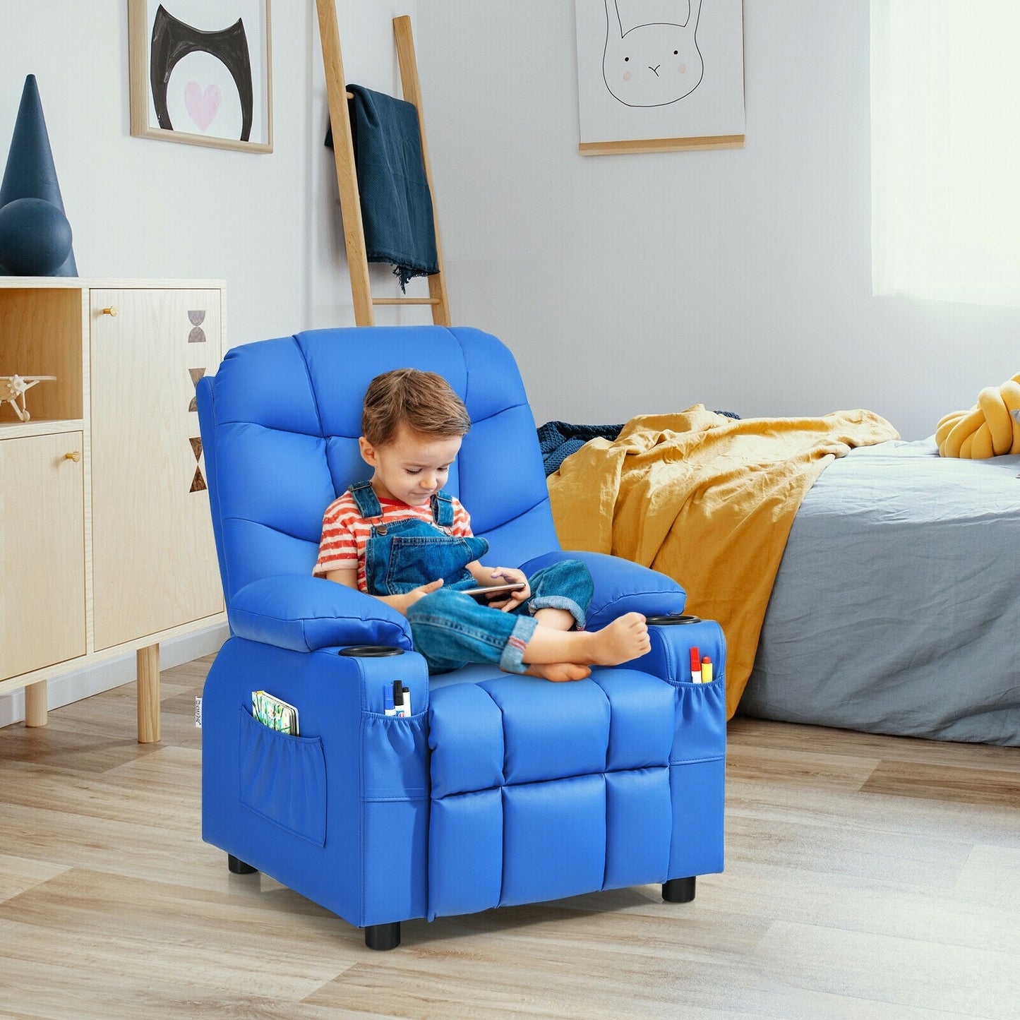 Sillón Reclinable para Niños con Portavasos y Reposapiés - Azul