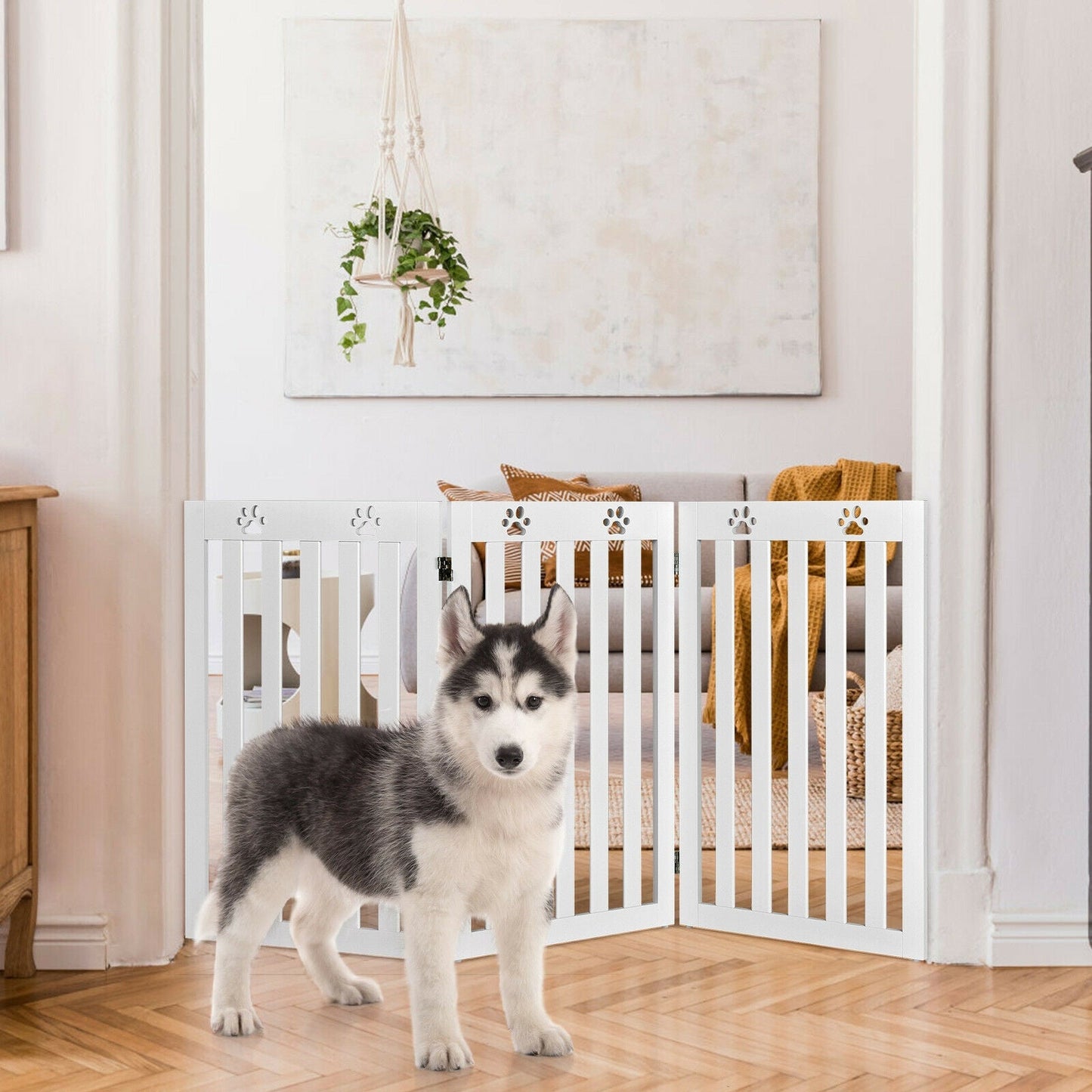Puerta para mascotas de madera plegable independiente de 36 pulgadas - Blanca