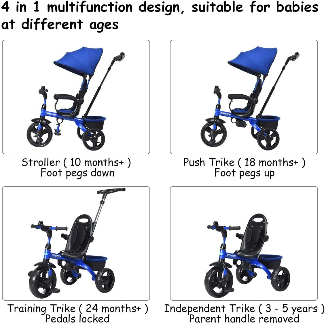 Triciclo Infantil 4 en 1 con Manillar Ajustable - Azul