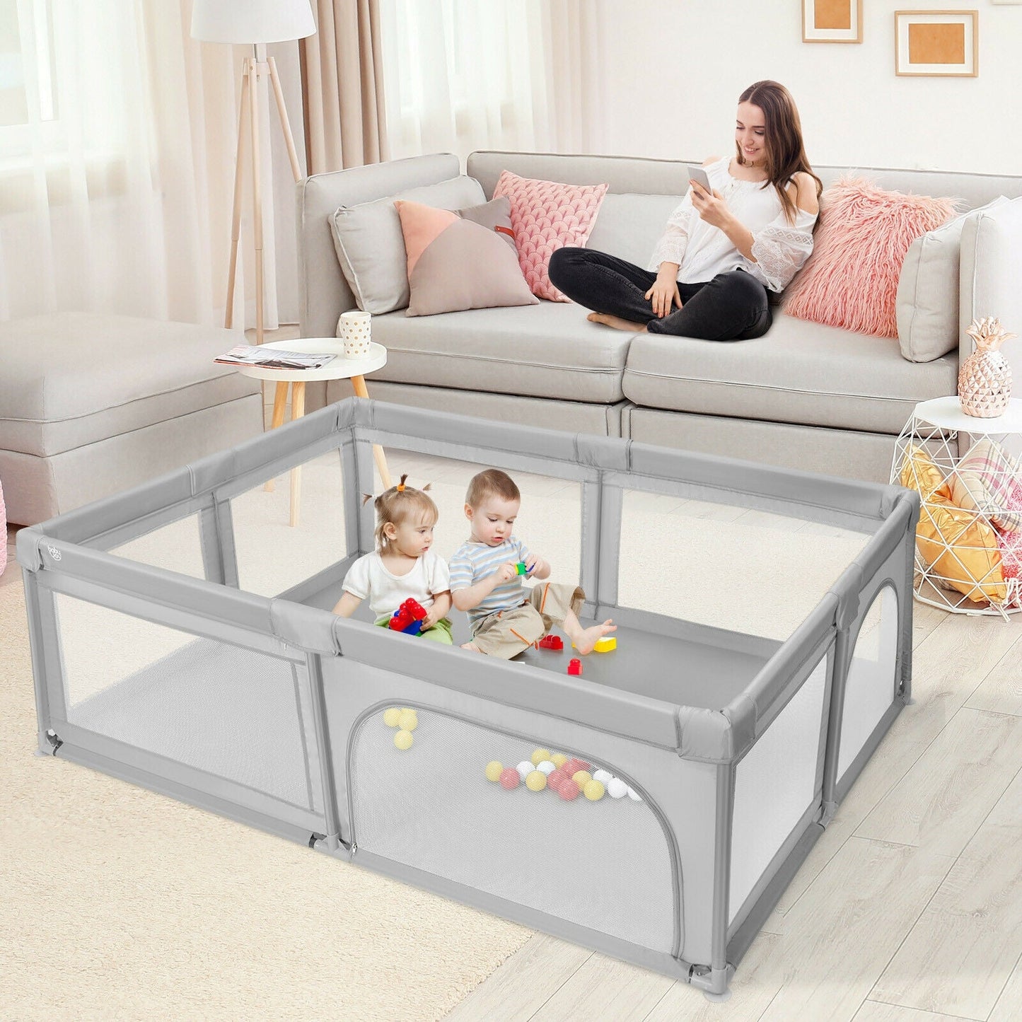 Barrière de sécurité pour bébé extra-large avec 50 balles océaniques - Gris