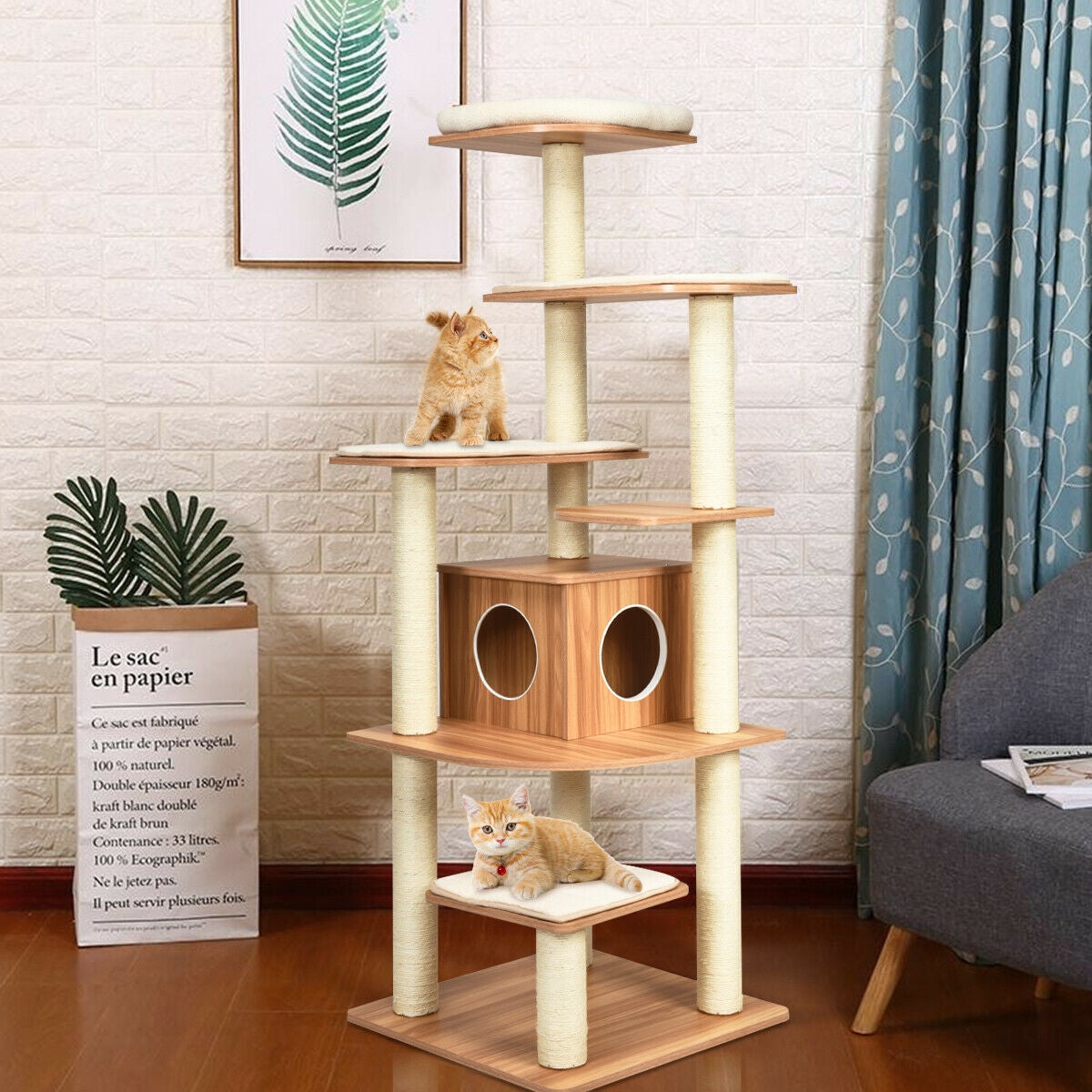 7-Layer Wooden Cat Tree with Sisal Posts and Condo - Natural