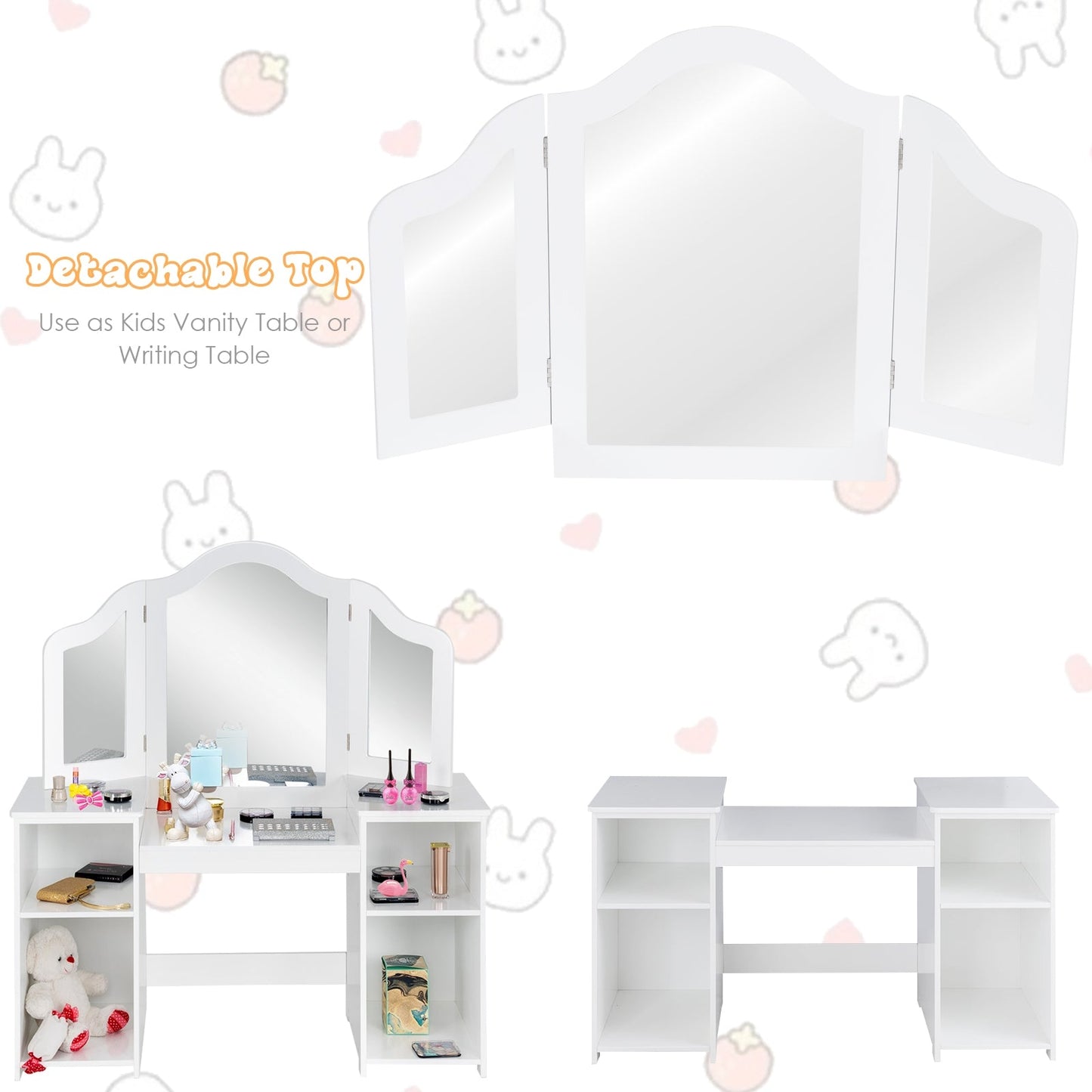 Kids Tri Folding Mirror Makeup Vanity Table Set - White
