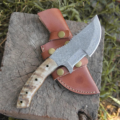 Hunted Movie-Inspired 10" Damascus Steel Tracker Knife with Sheep Horn Handle - Korvel