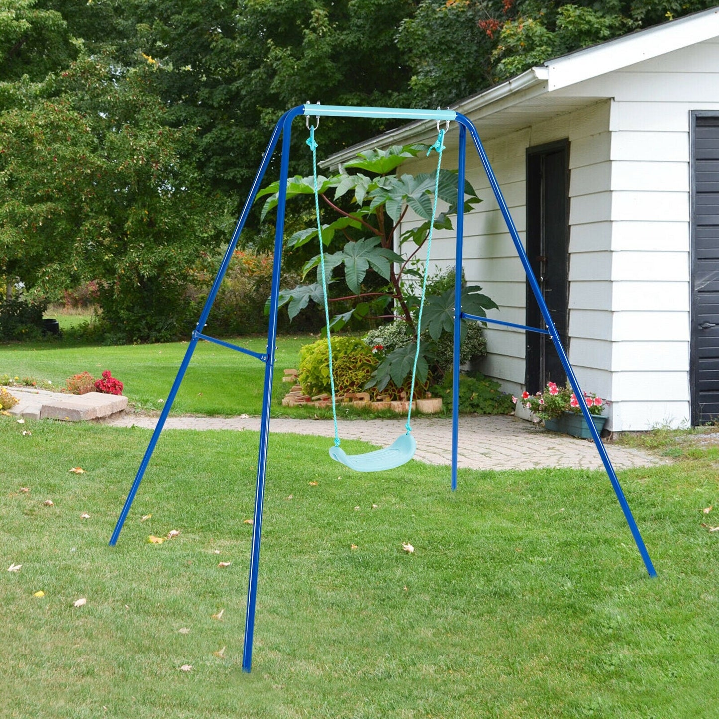 Outdoor Kids Swing Set with Heavy-Duty Metal A-Frame - Blue