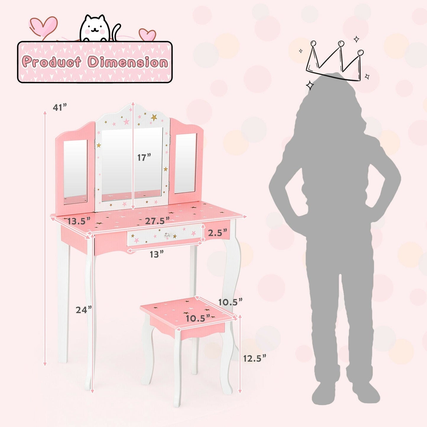 Kids Princess Vanity Table and Stool Set - Pink