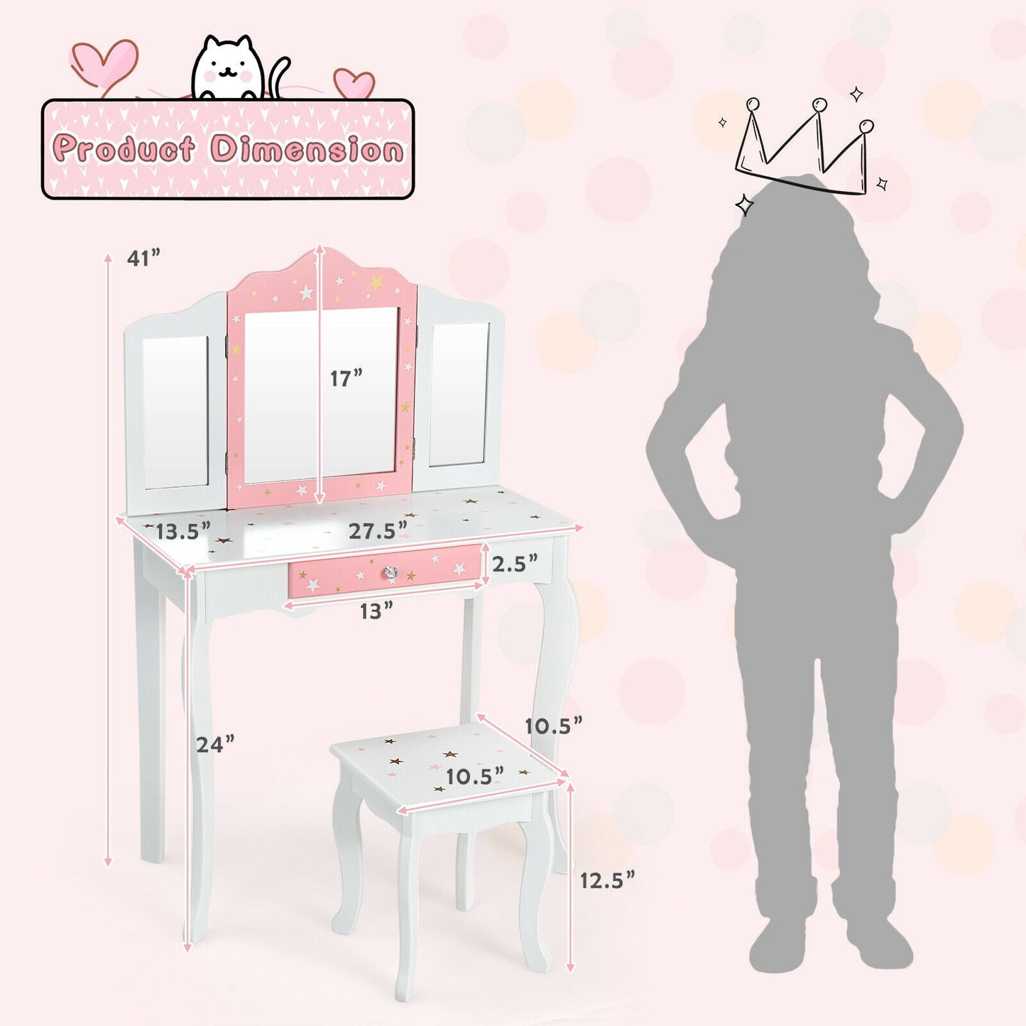 Ensemble de table de maquillage et de tabouret pour enfants Princesse avec miroir pliant - Blanc