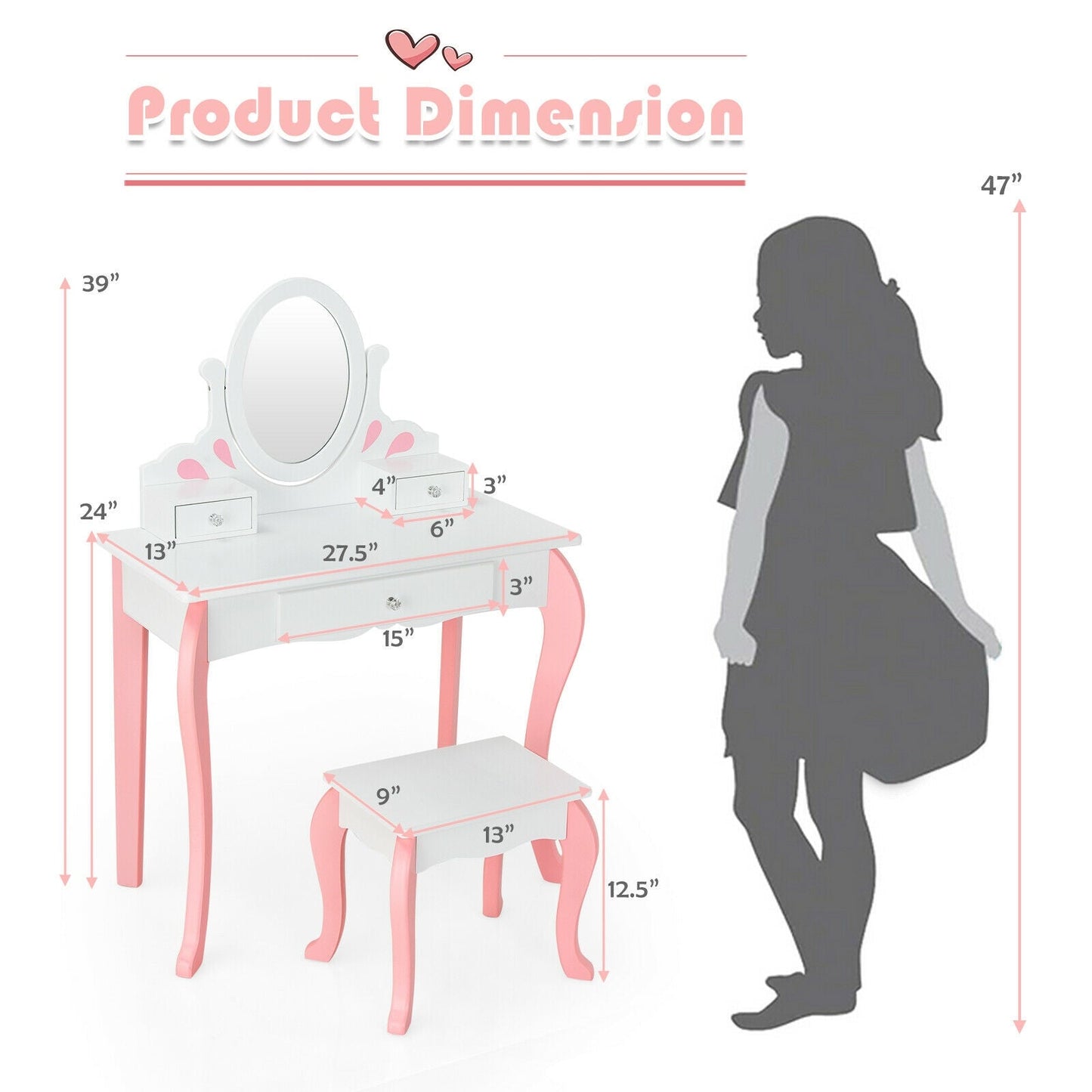 Conjunto de Mesa de Maquillaje para Niñas Princesa con Taburete - Blanco