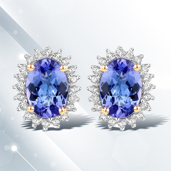 Boucles d'oreilles en tanzanite véritable de 1,71 carat et diamants blancs en or jaune 14K