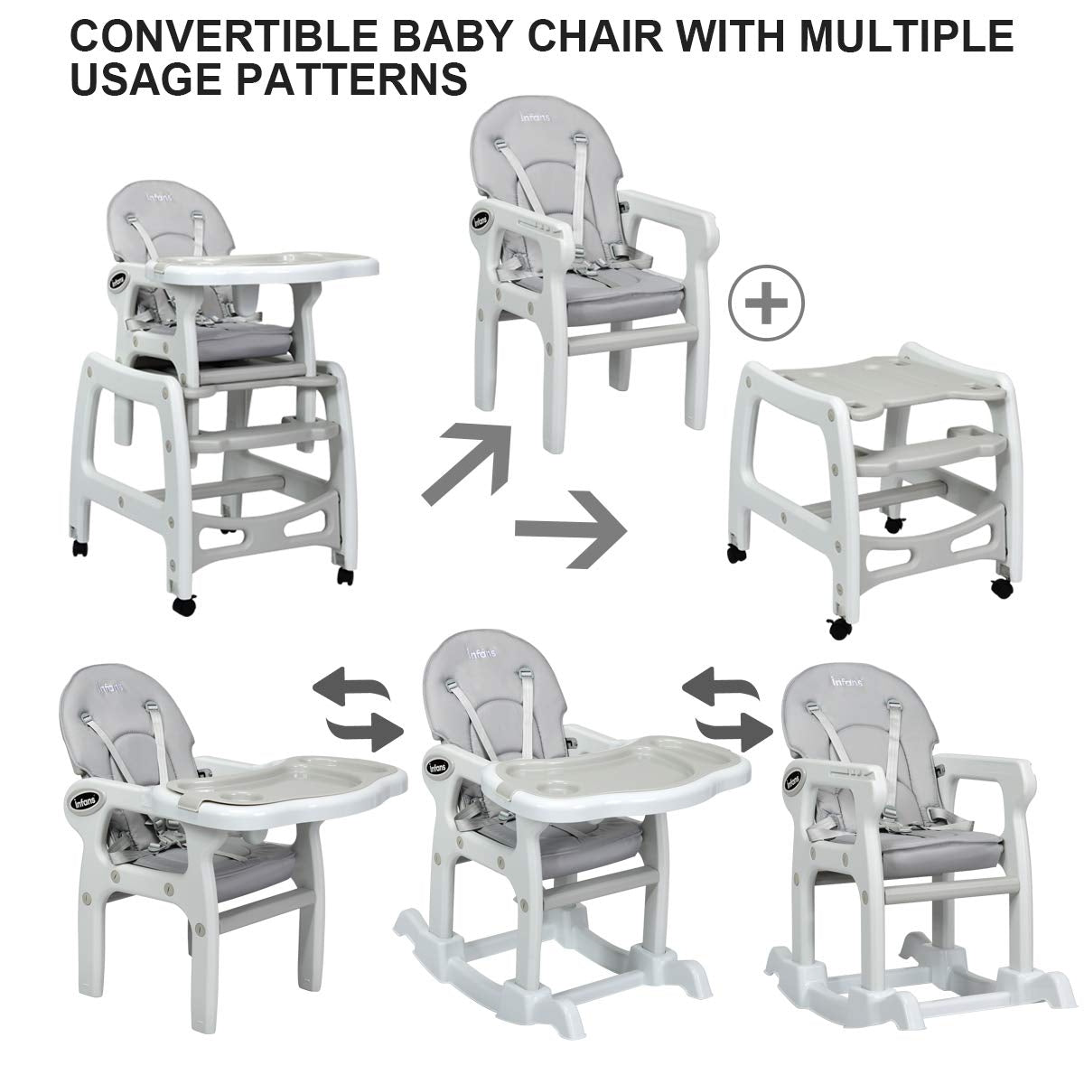 3-in-1 Convertible Baby High Chair with Lockable Wheels - Gray