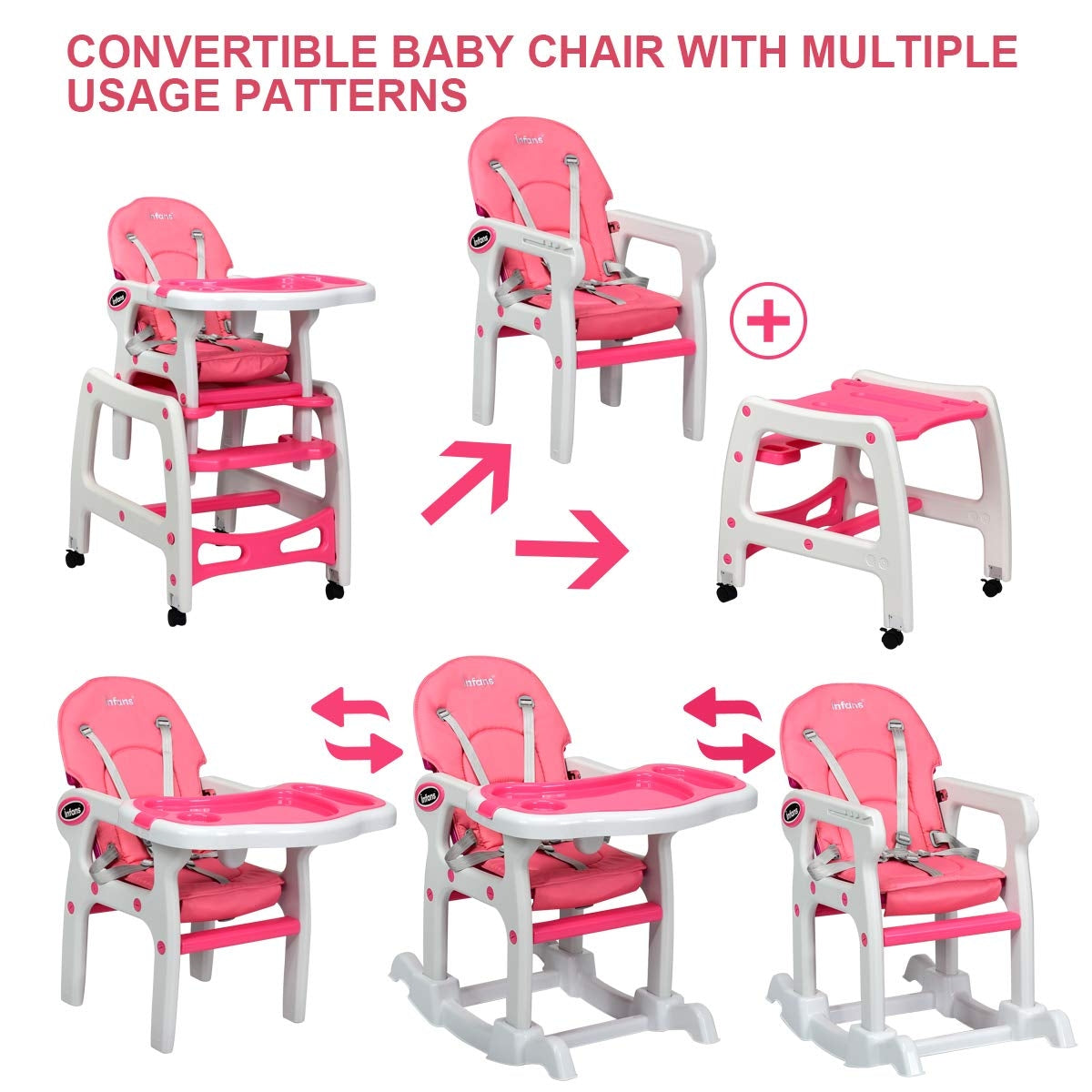 3-in-1 Convertible Baby High Chair - Pink