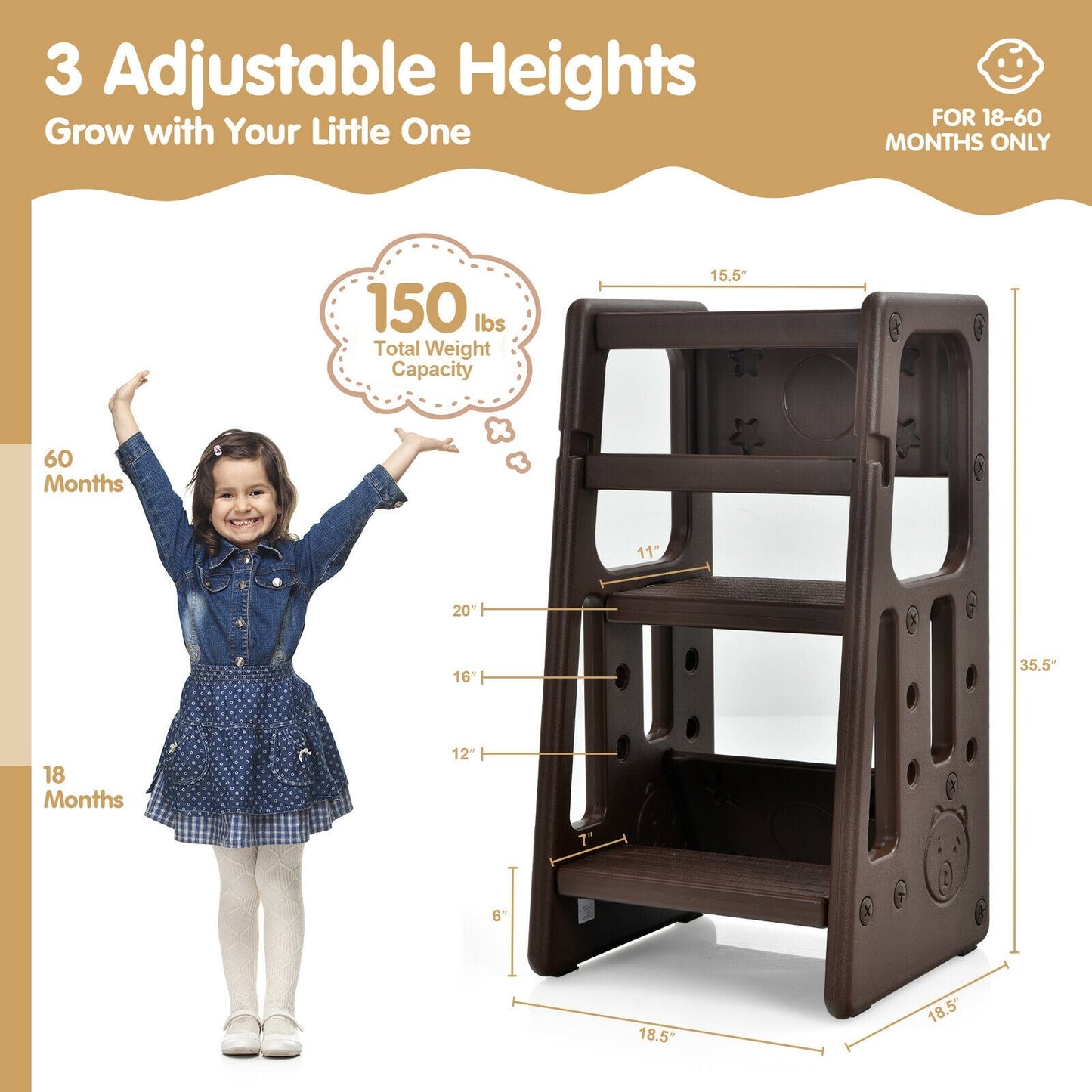 Kids Kitchen Step Stool with Double Safety Rails - Brown