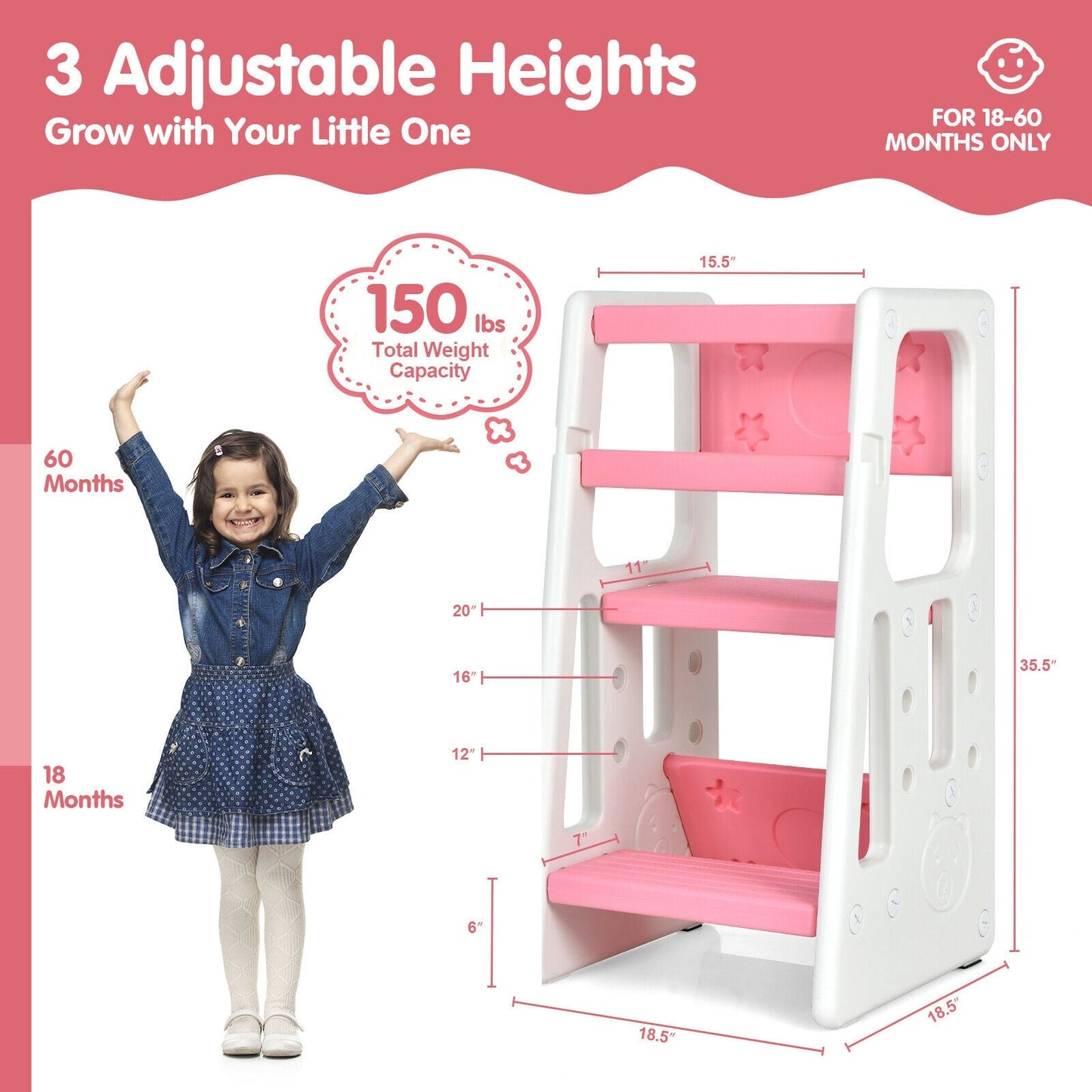 Marchepied de Cuisine pour Enfants avec Double Barrière de Sécurité - Rose
