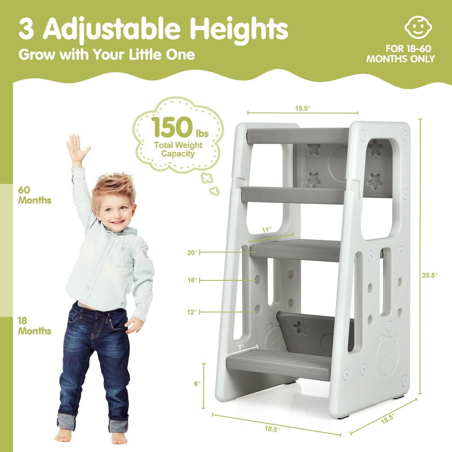 Kids Kitchen Step Stool with Double Safety Rails - Gray