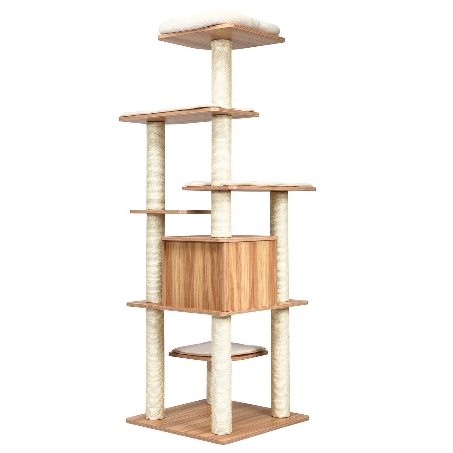 7-Layer Wooden Cat Tree with Sisal Posts and Condo - Natural