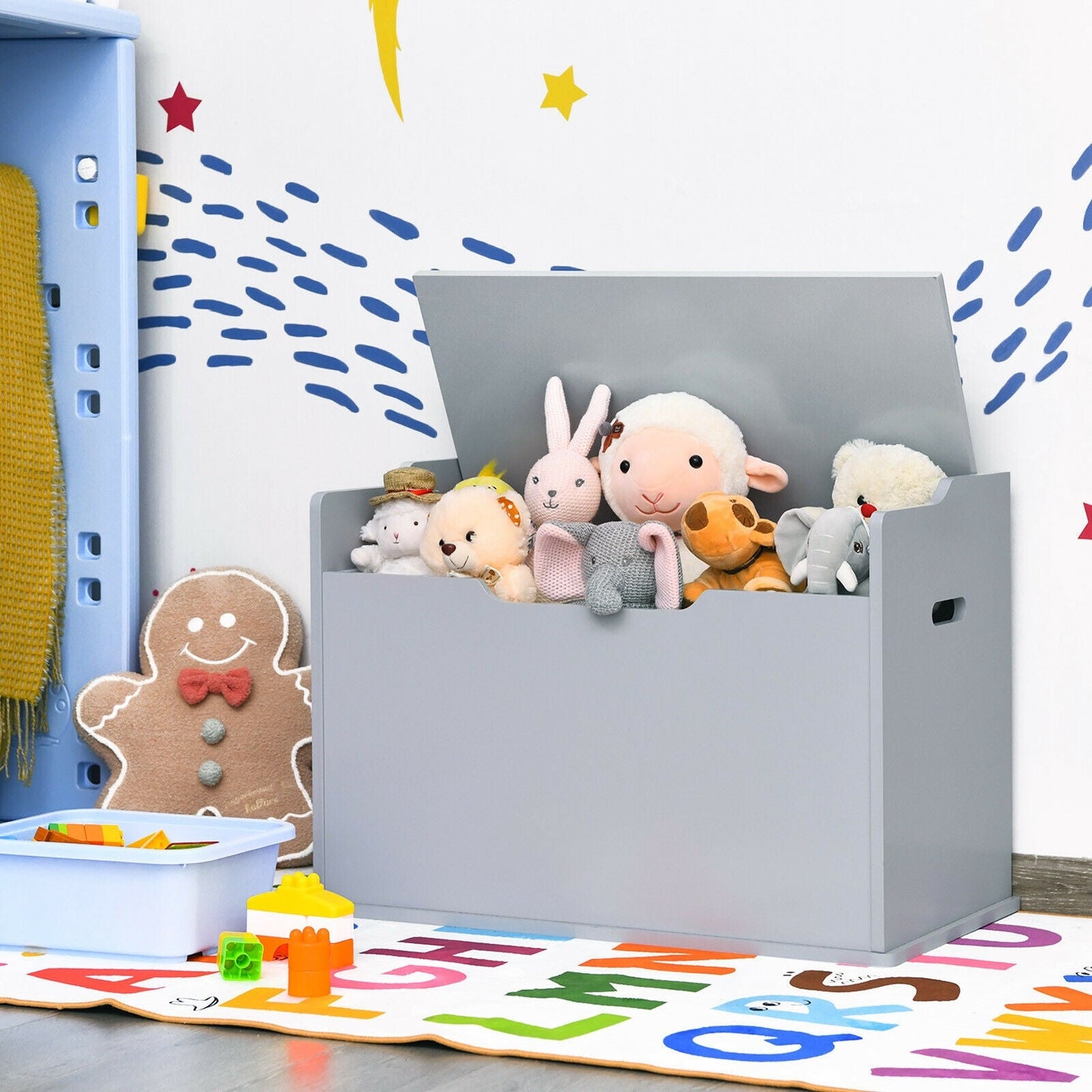 Banco de Almacenamiento de Madera para Niños con Tapa Abatible y Cojín - Gris