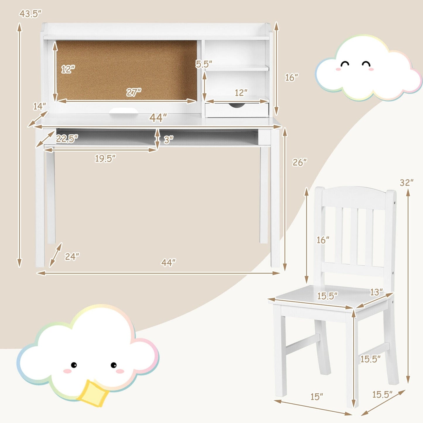 Kids Desk and Chair Set with Hutch and Bookshelves - White