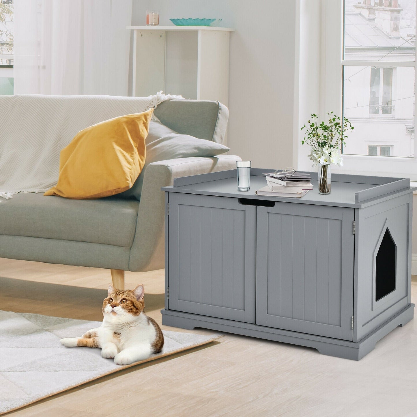 Enclos de bac à litière pour chat Gbruno avec portes doubles - Gris