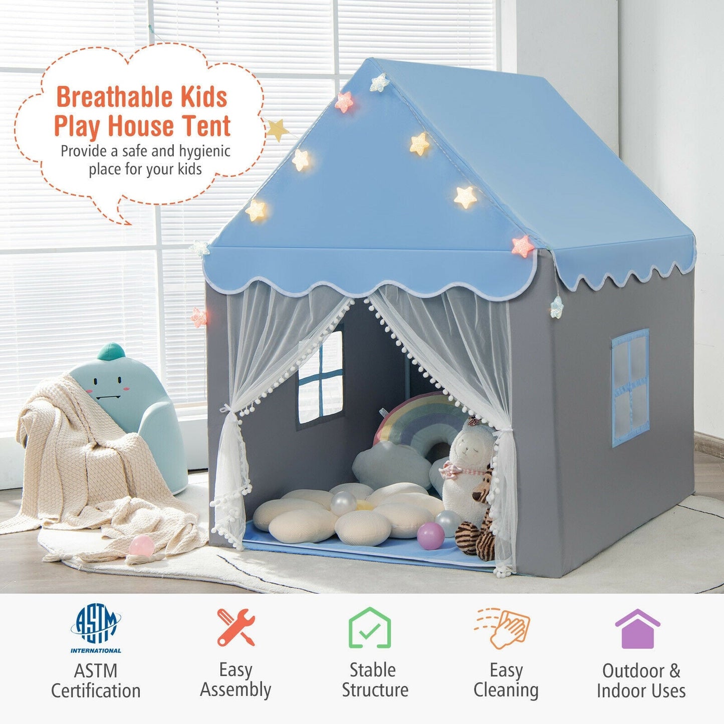 Kids Playhouse Tent with Colorful Star Lights and Mat - Blue