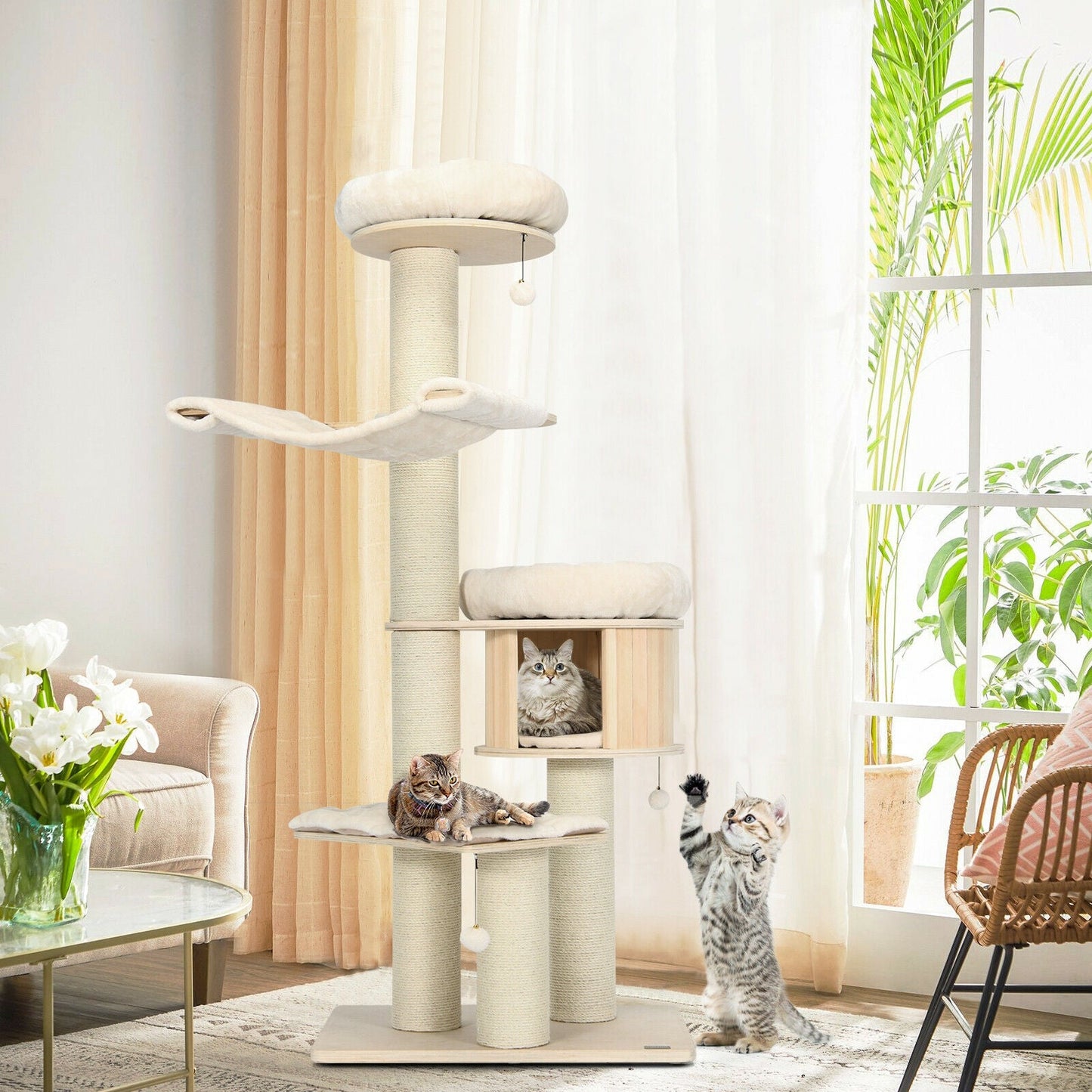 4-Layer 68.5-Inch Wooden Cat Tree Condo with Sisal Posts
