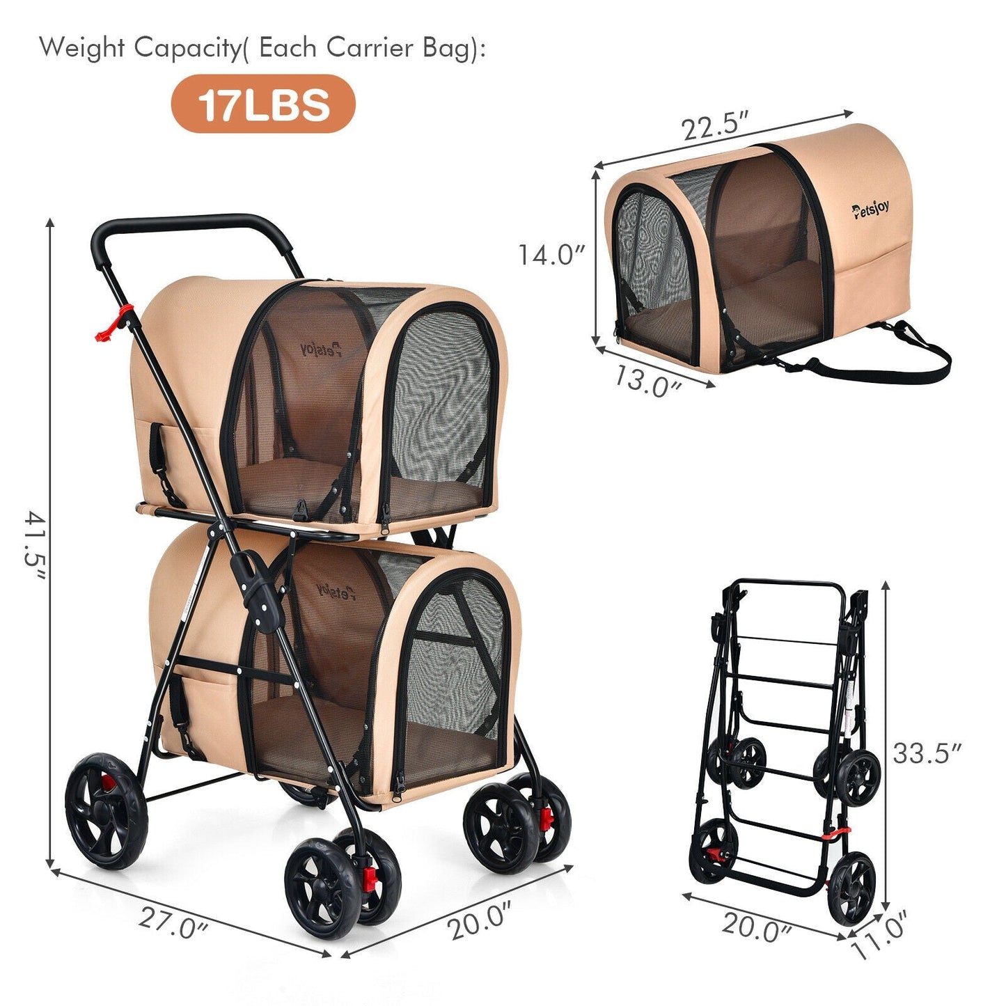 Carrito de Mascotas Doble 4 en 1 con Transportín Desmontable - Beige