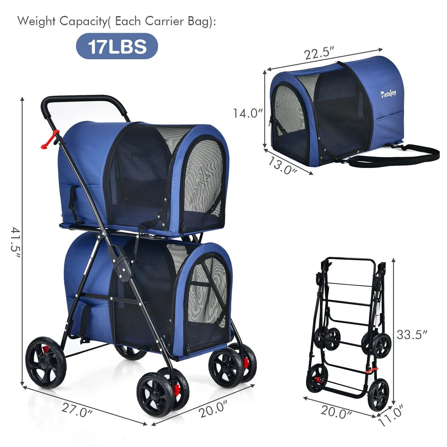 4-in-1 Double Pet Stroller with Detachable Carrier - Blue