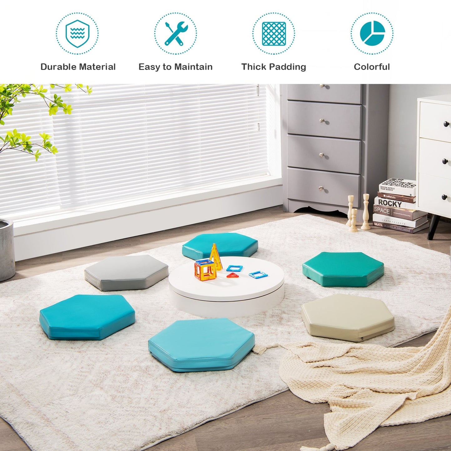 6-Piece Hexagon Toddler Floor Cushions - Blue