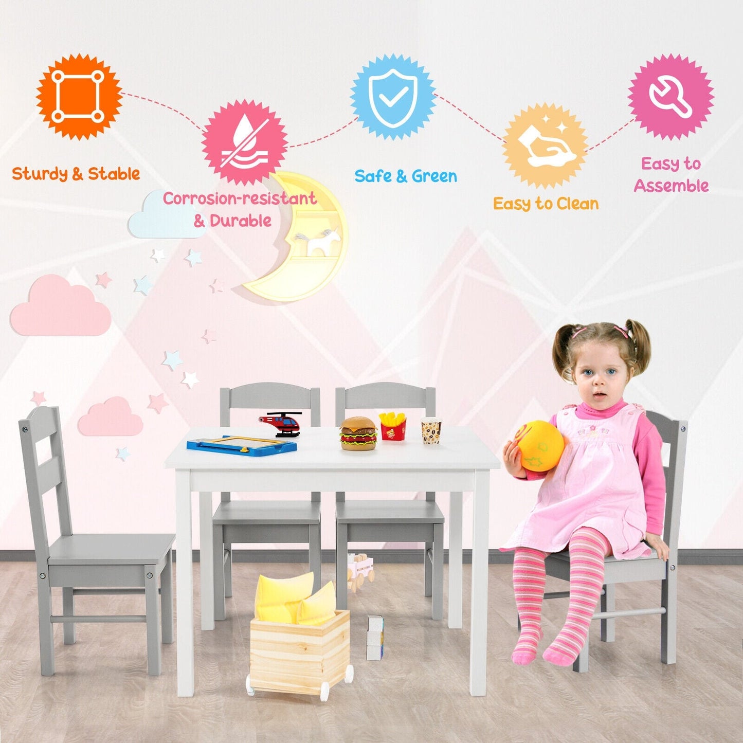 Kids 5-Piece Wooden Table and Chair Set - White