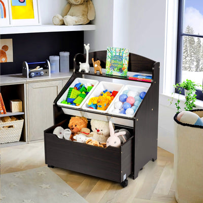 Kids Wooden Toy Storage Unit with Rolling Toy Box - Espresso