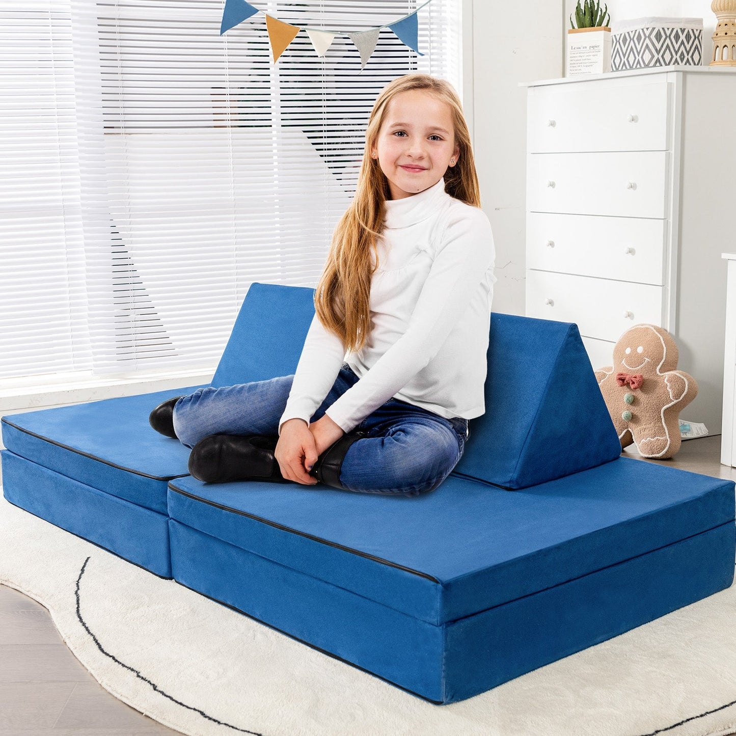 Ensemble de canapé convertible pour enfants en 4 pièces avec tapis pliants - Bleu