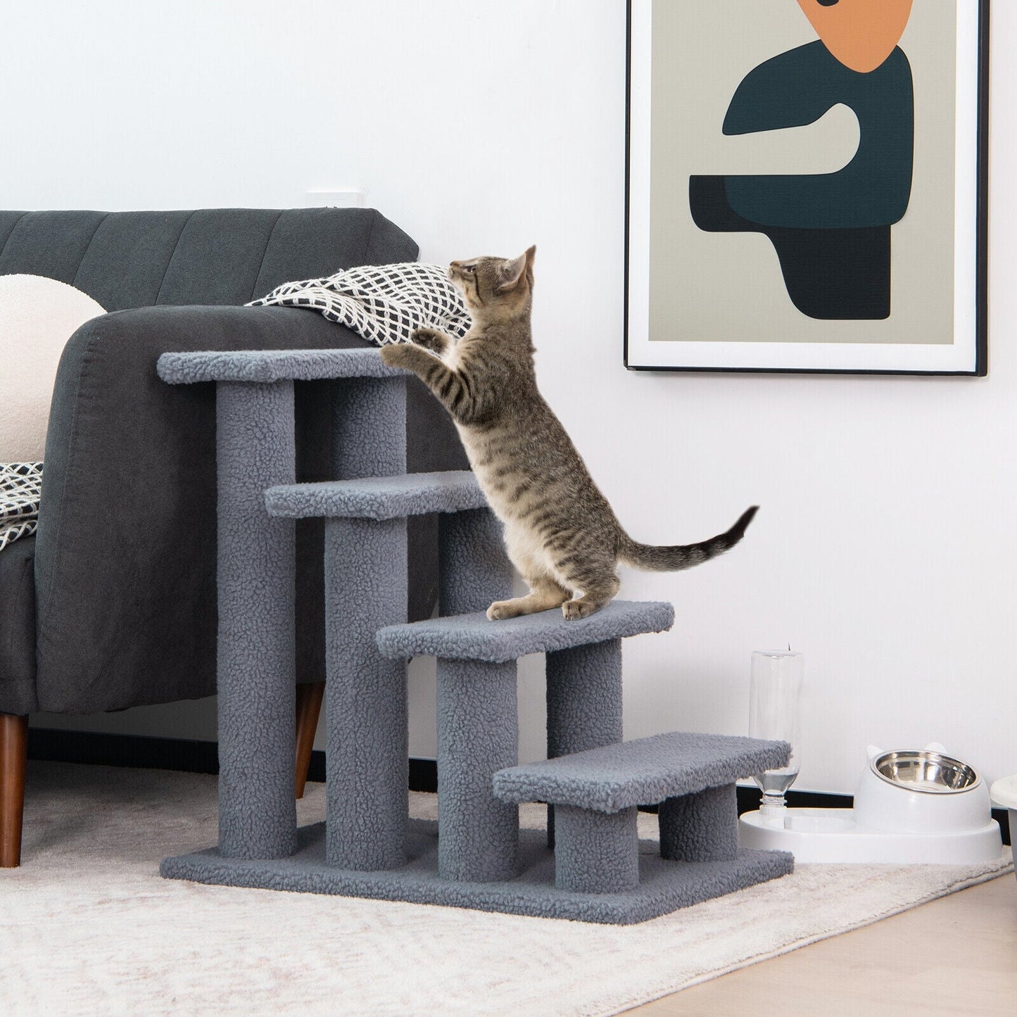 Escaliers pour animaux de compagnie en moquette à 4 marches de 24 pouces pour chats - Gris