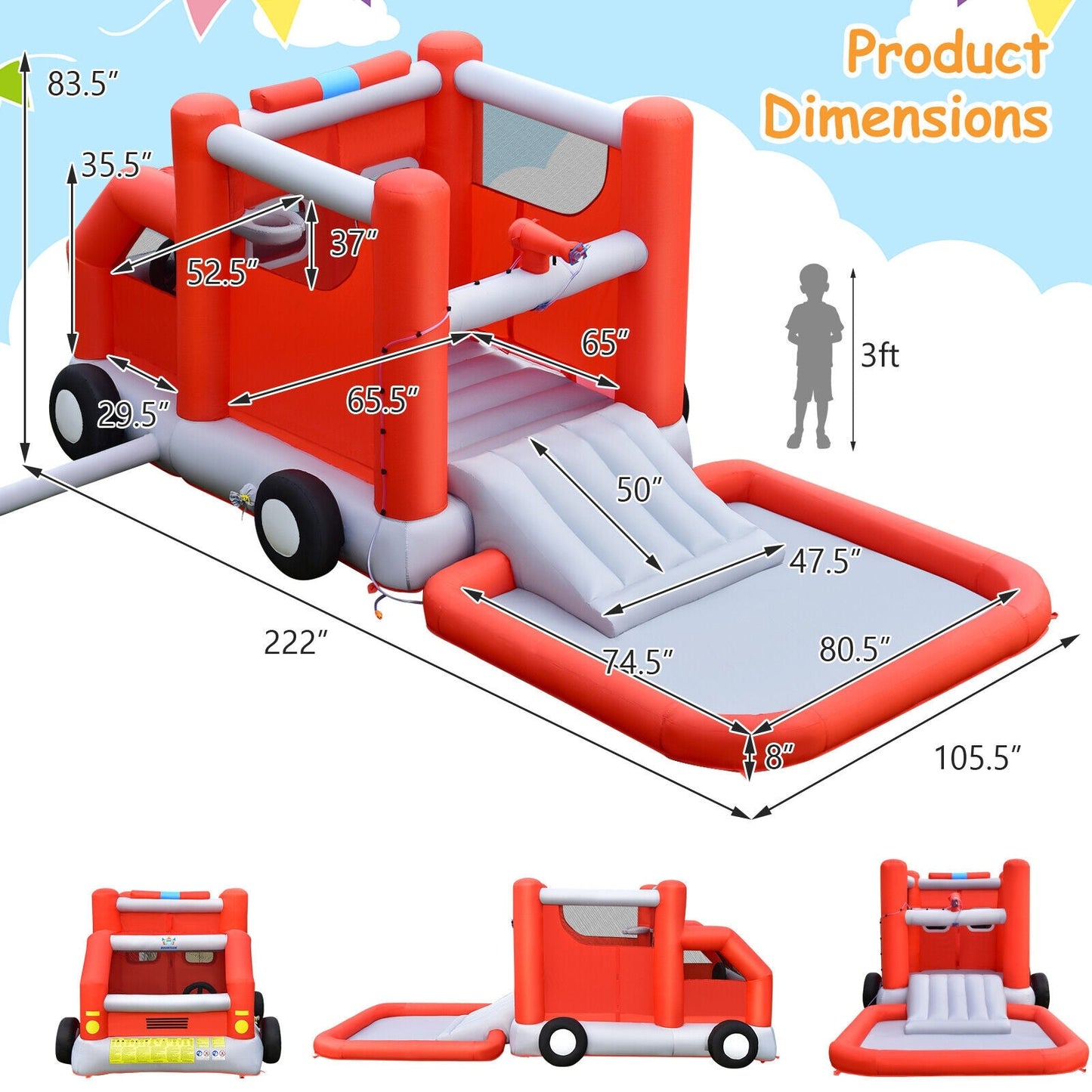 Fire Truck Themed Inflatable Castle Water Park for Kids