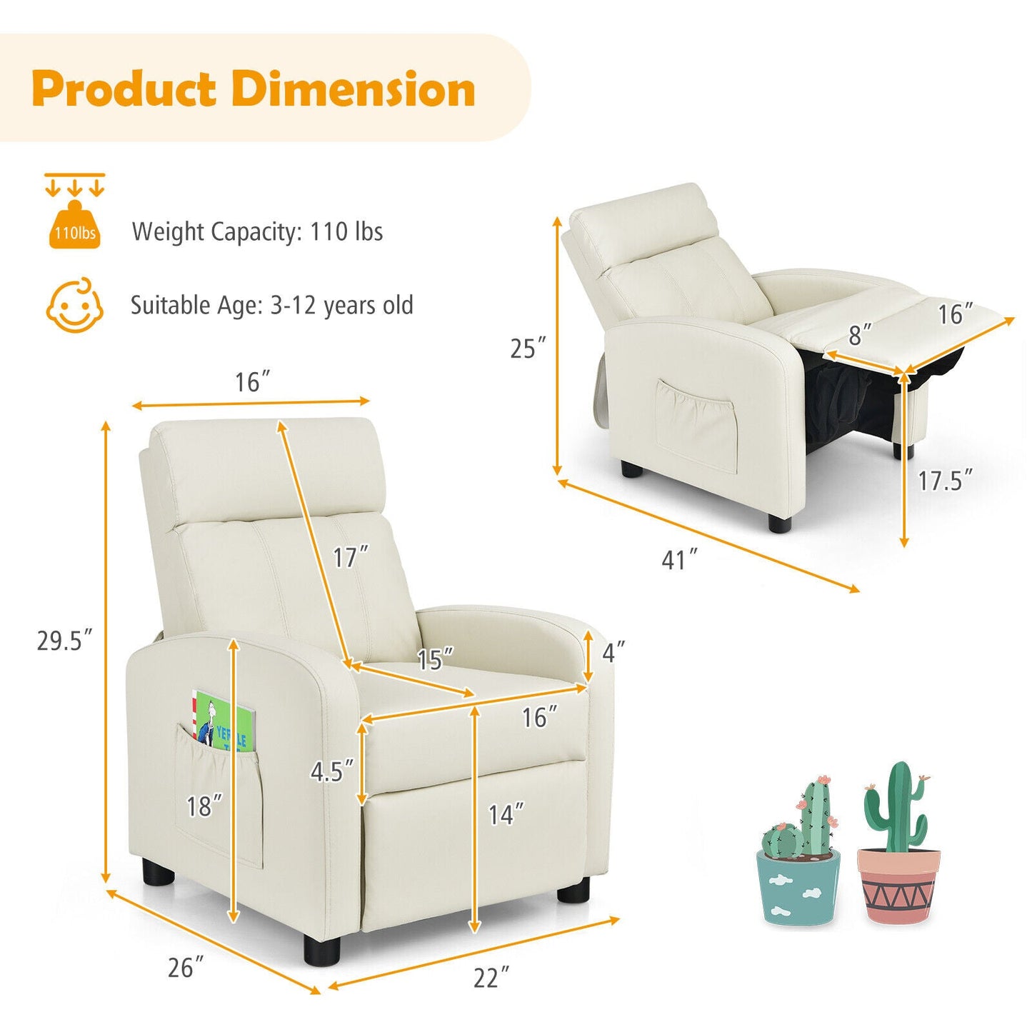 Ergonomic PU Leather Kids Recliner Sofa - White
