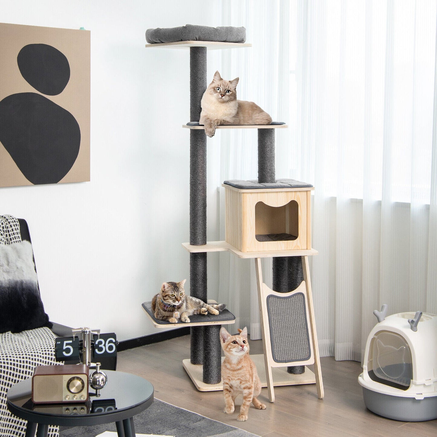 5-Tier Modern Wood Cat Tower with Washable Cushions - Gray