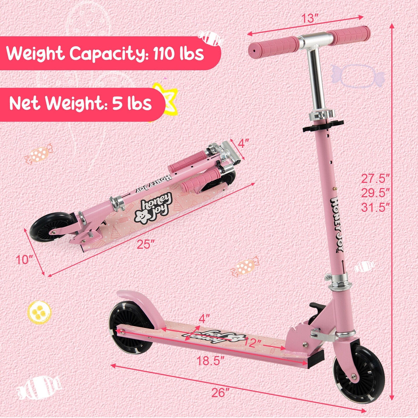 Folding Kick Scooter with Adjustable Heights for Kids - Pink