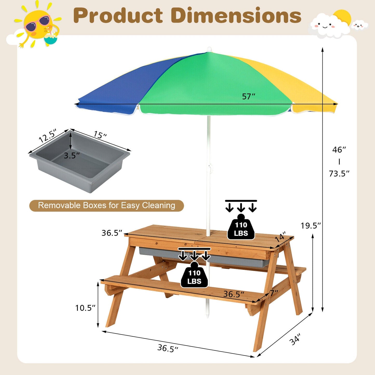 3-in-1 Kids Outdoor Picnic Water Sand Table with Umbrella - Yellow