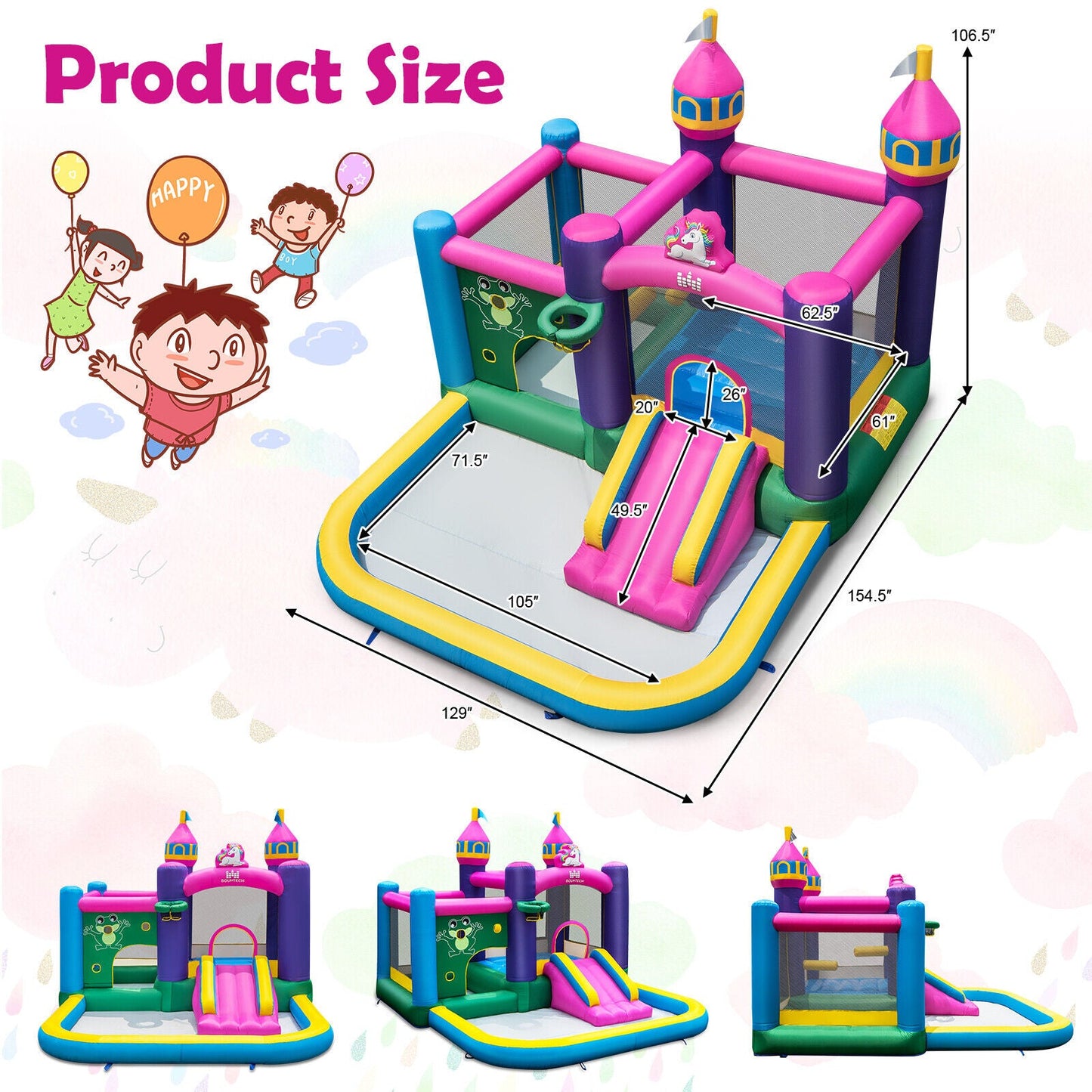 Castillo Inflable Unicornio 6 en 1 para Niños con Ventilador