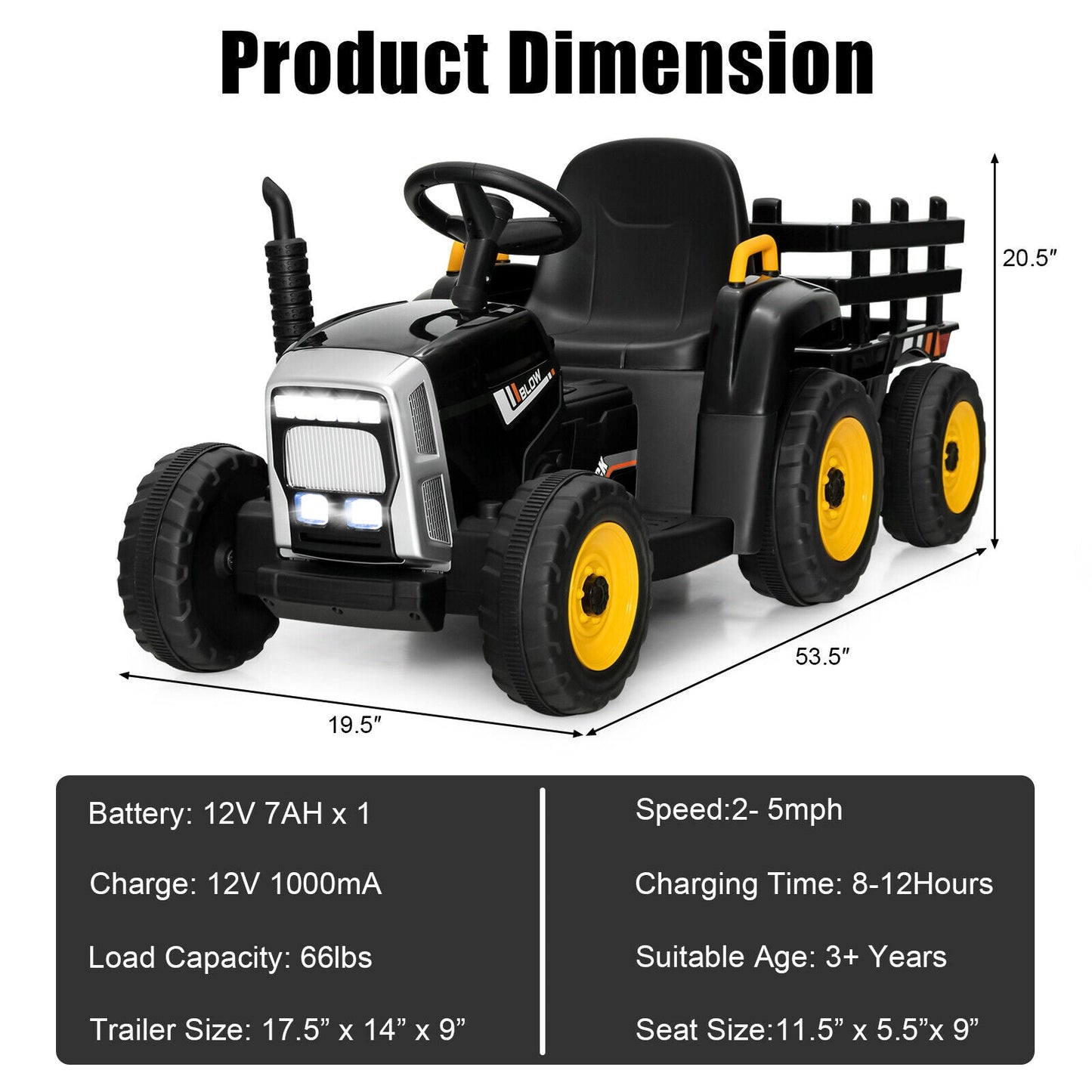 Tracteur électrique 12V avec chargeur pour enfants de 3 ans et plus - Noir