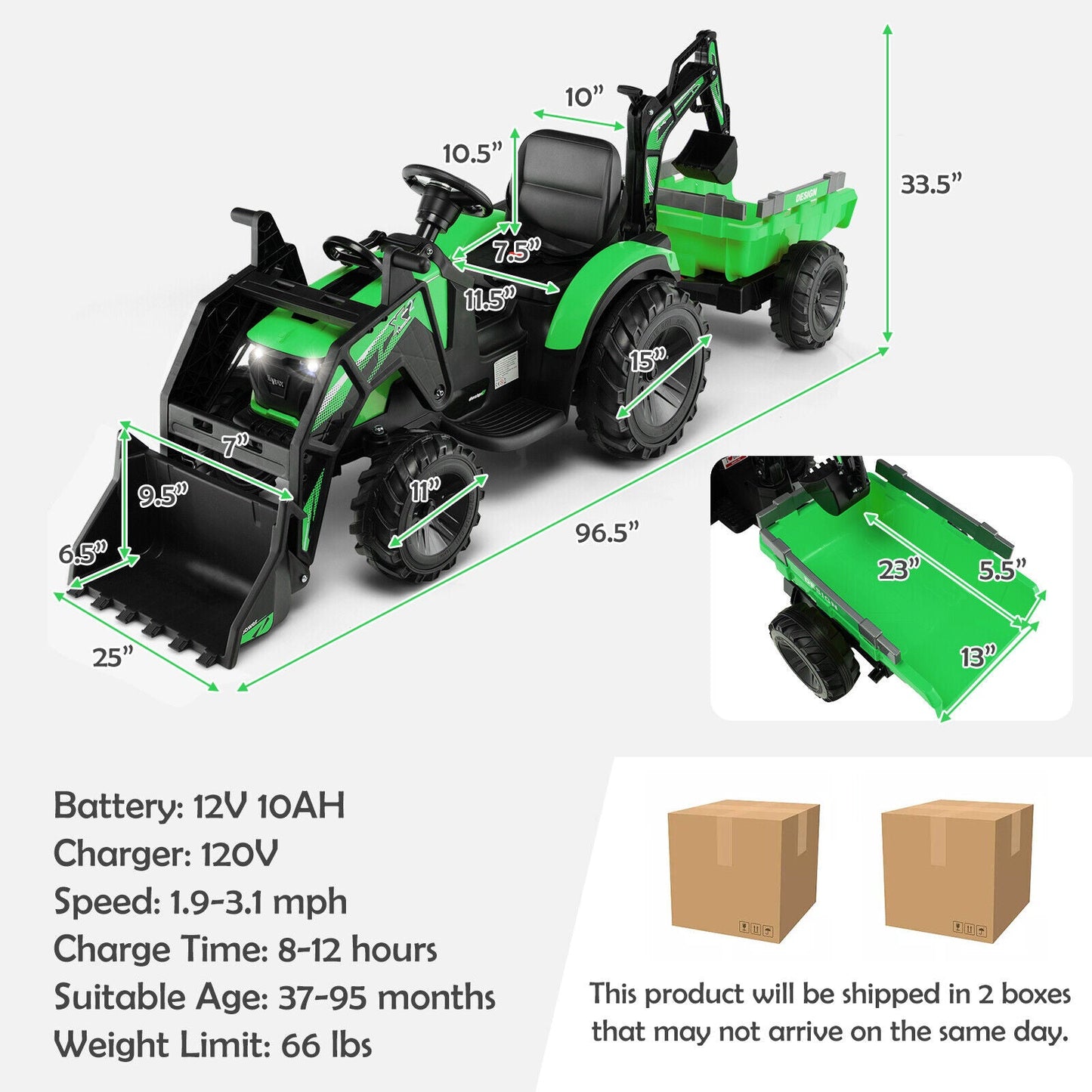 12V 3 in 1 Kids Ride On Excavator with Shovel - Green