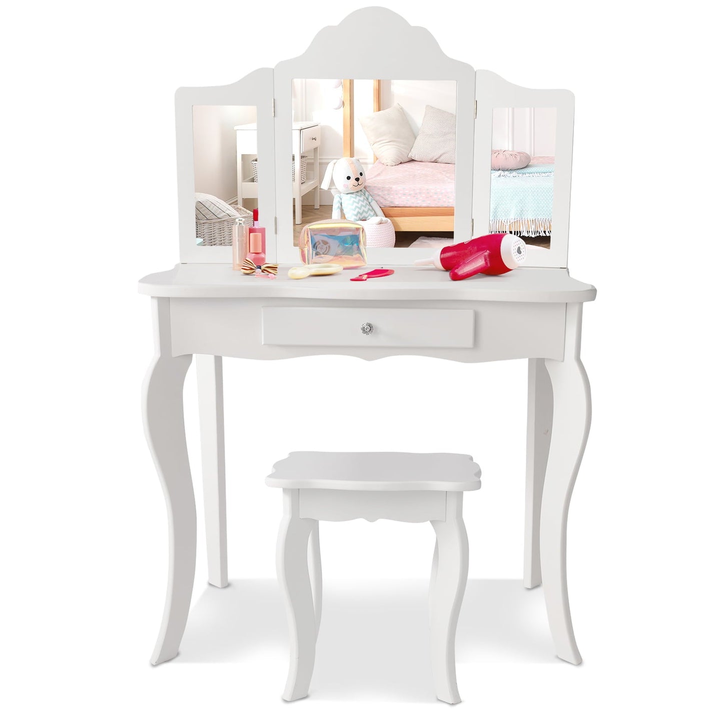 Conjunto de Espejo de Maquillaje Infantil con Mesa y Taburete