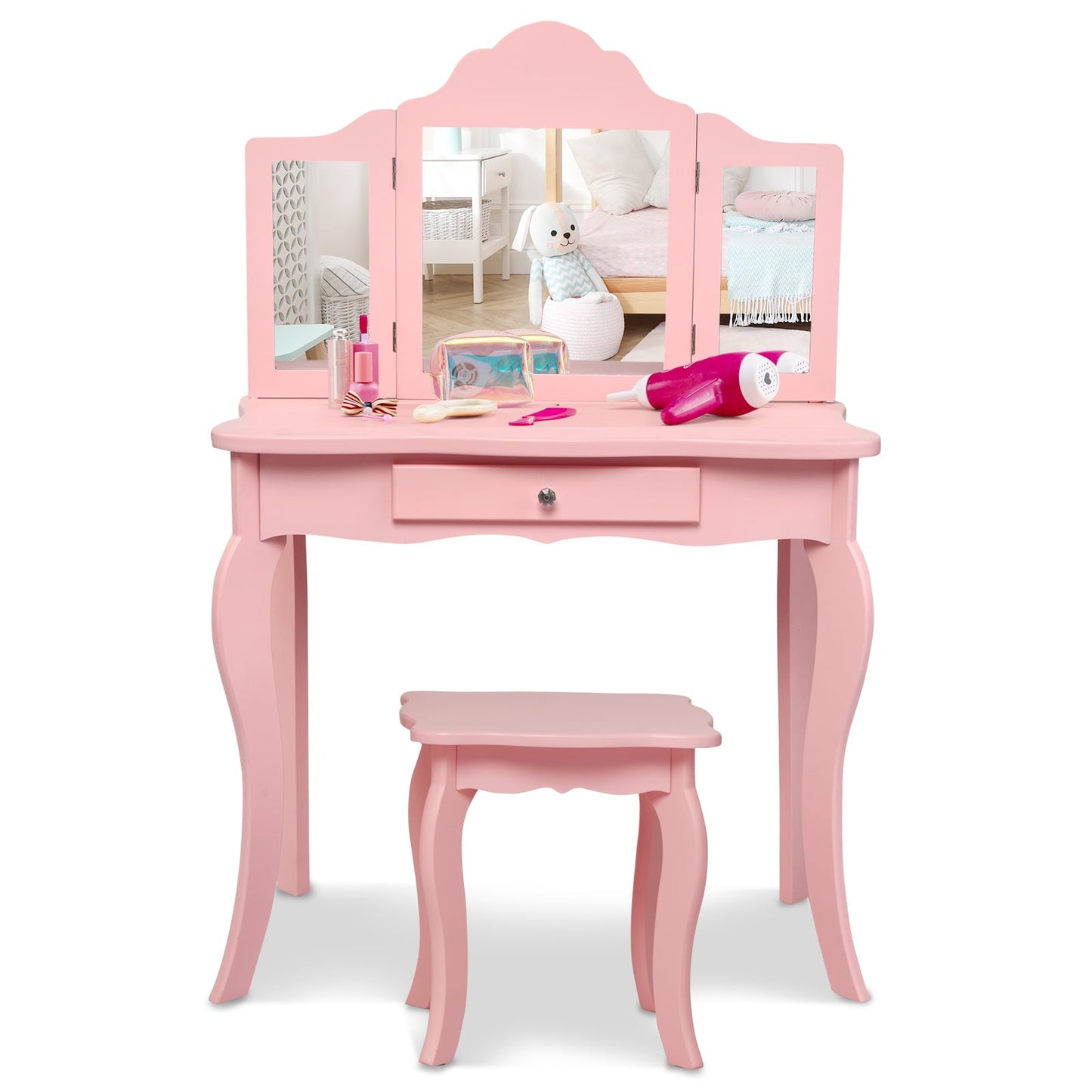 Conjunto de Mesa de Vanity con Espejo de Maquillaje Rosa para Niños