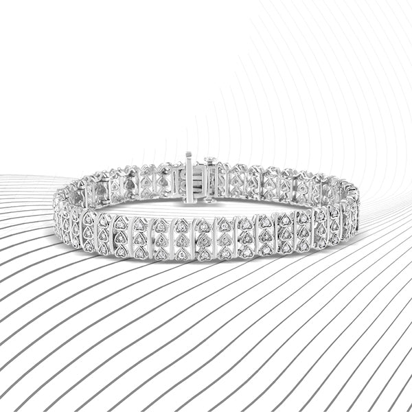 .925 Sterling Silver Diamond Multi Row Heart Link Bracelet - 7.25"